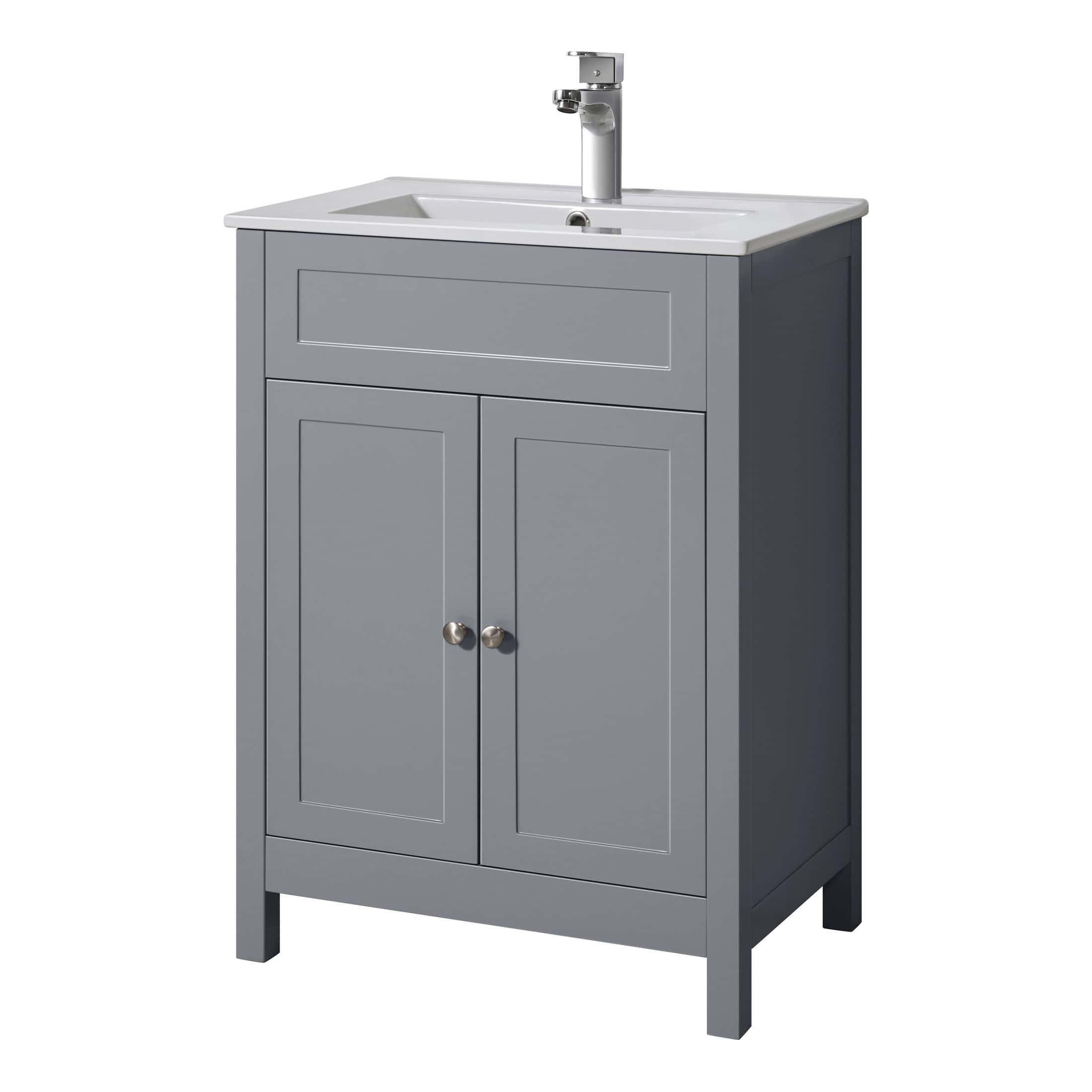 Chrome bathroom vanity with integrated sink and storage cabinet for modern bathroom renovations. Durable grey finish, compact design ideal for small bathrooms or powder rooms.
