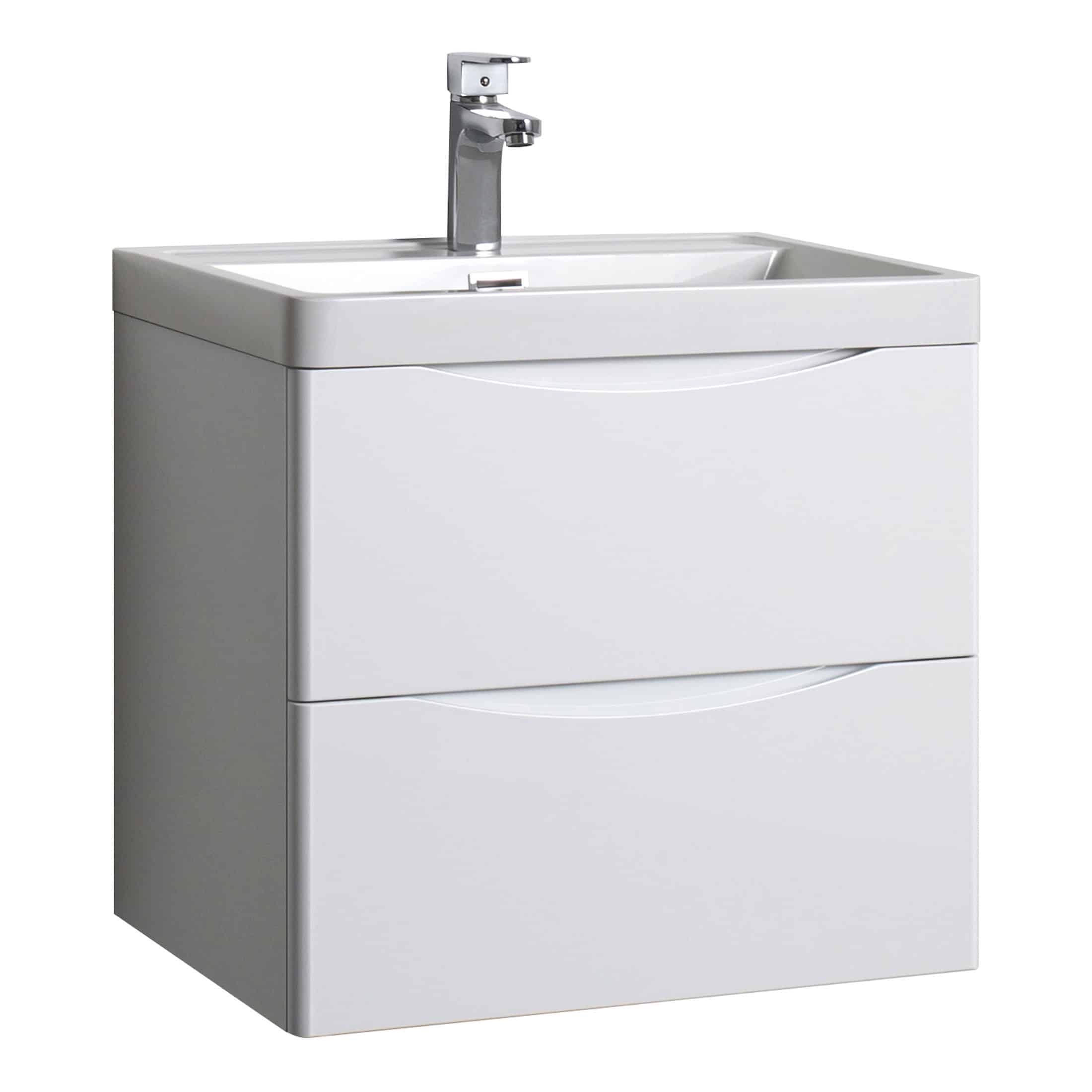 White bathroom vanity unit with integrated sink and chrome faucet for modern bathroom decor.
