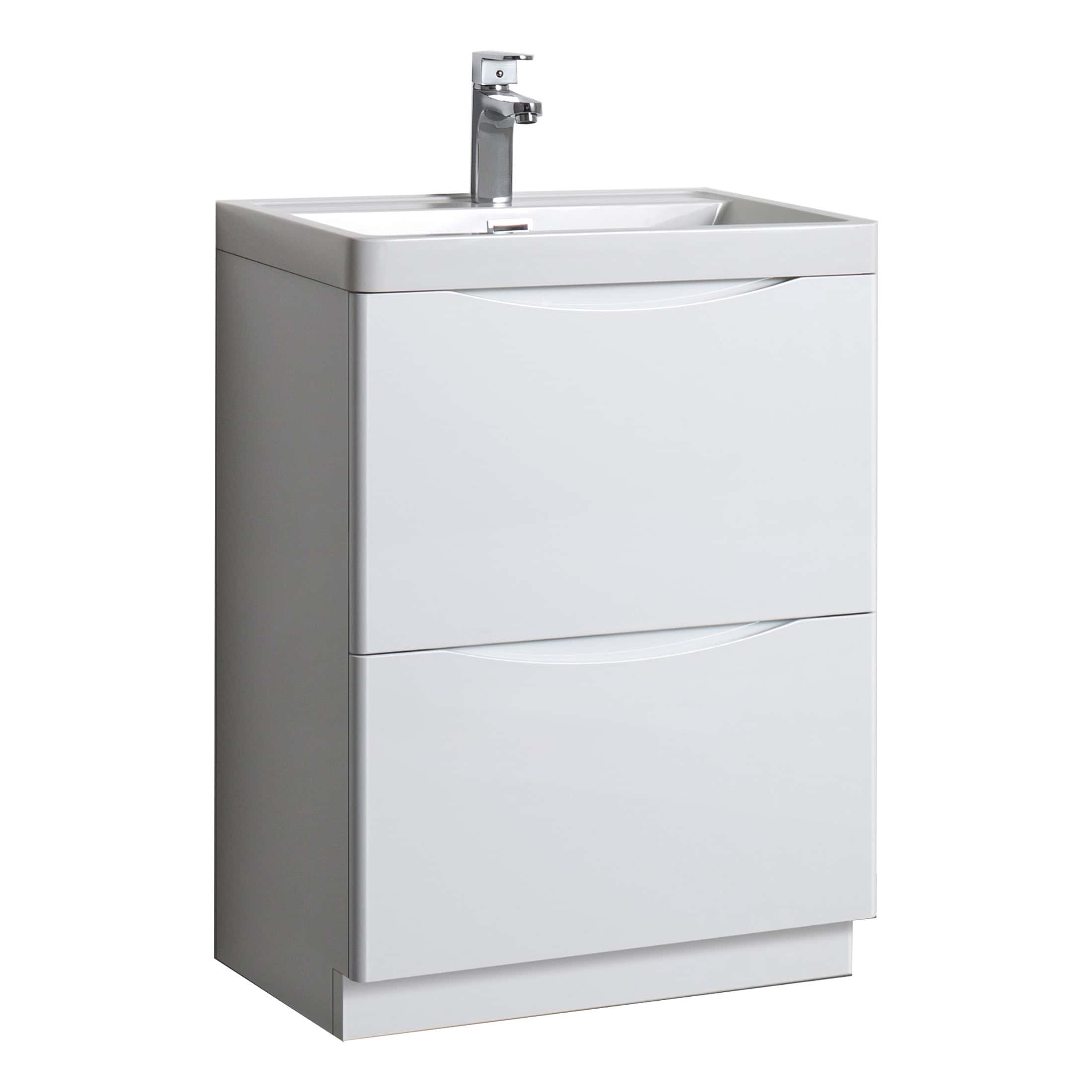Modern white bathroom vanity with integrated sink and chrome faucet, ideal for contemporary bathroom designs. Perfect for bathroom storage and décor upgrades.