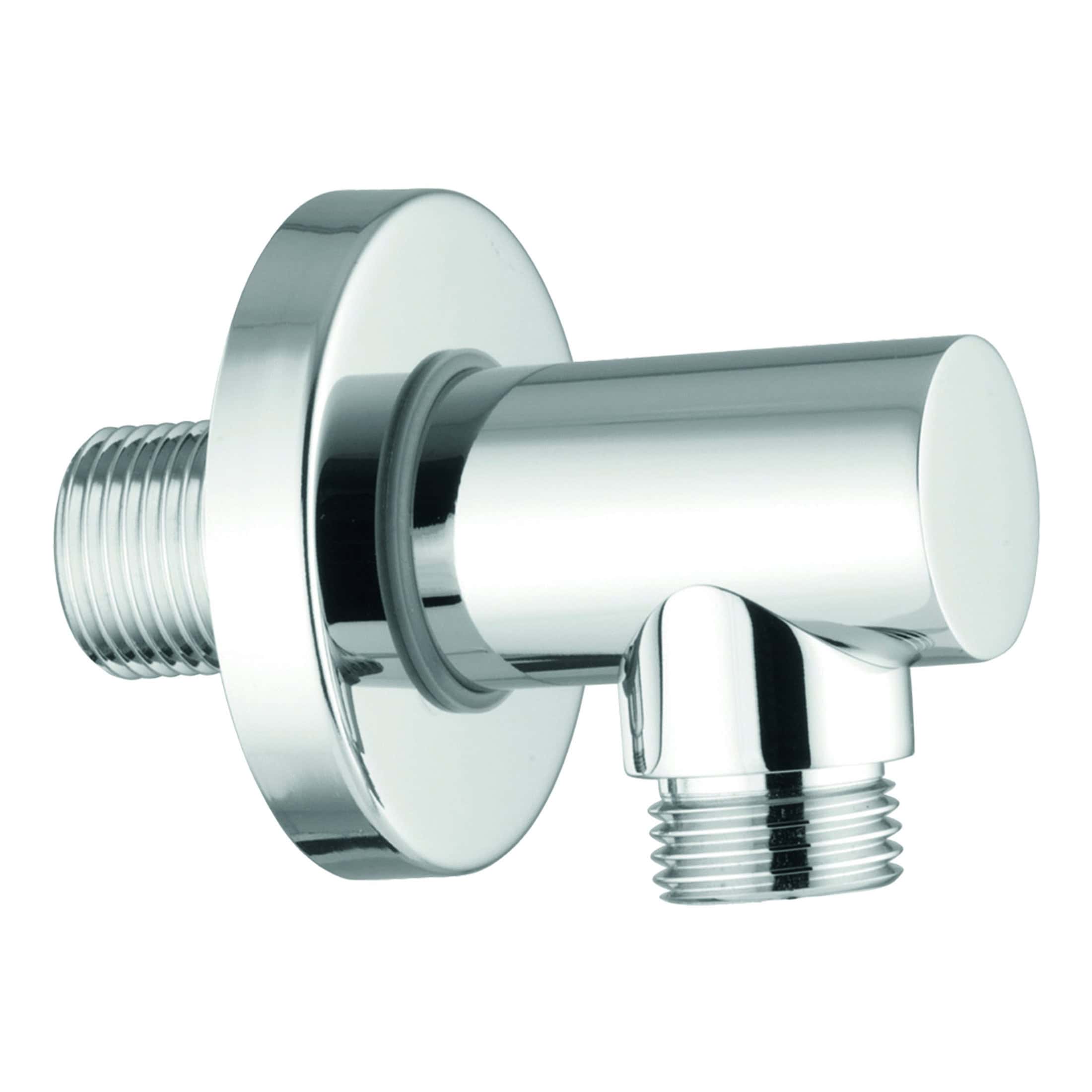 Chrome bathroom shower arm connector with threaded ends for secure attachment. Perfect for modern bathroom plumbing and shower installations. Durable, high-quality chrome finish.