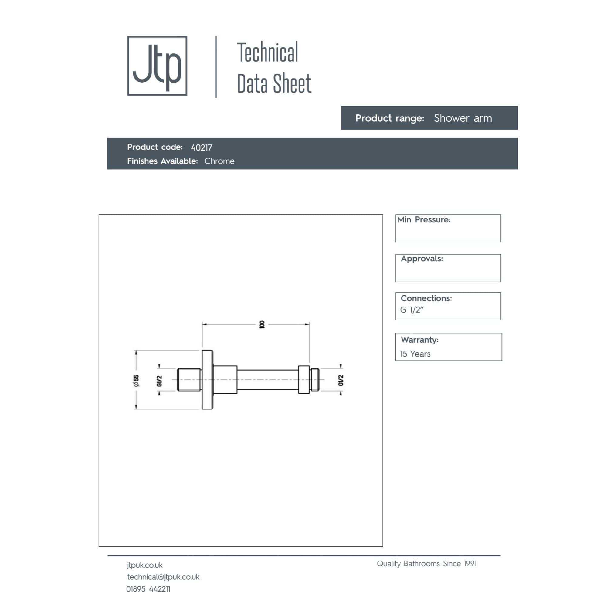 Shower arm with chrome finish, technical drawing showing dimensions and connection details, ideal for bathroom upgrades and plumbing installations.