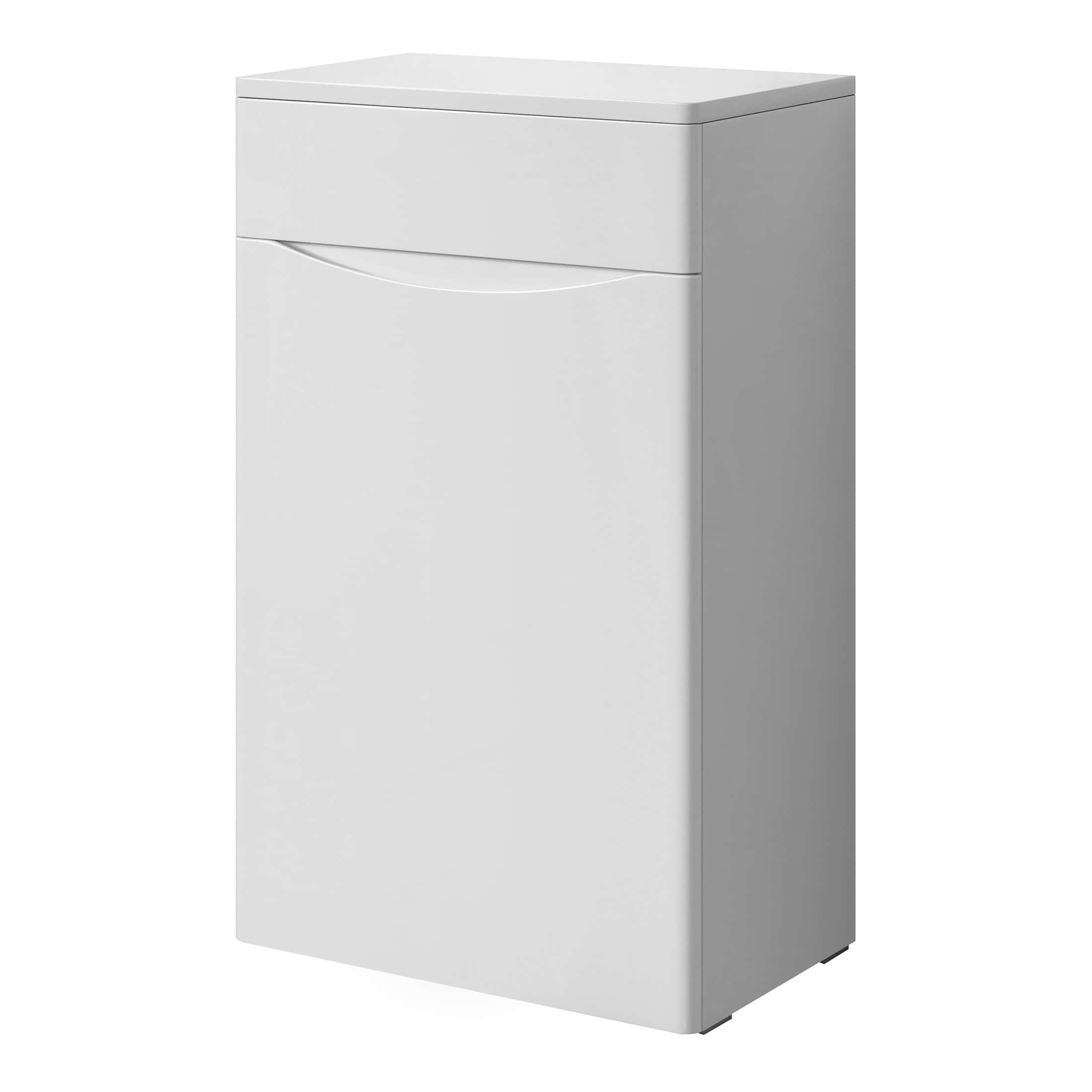 White laundry cabinet with sleek, modern design, perfect for bathroom storage solutions, featuring ample space for organising cleaning supplies and toiletries in Bubly Bathrooms.