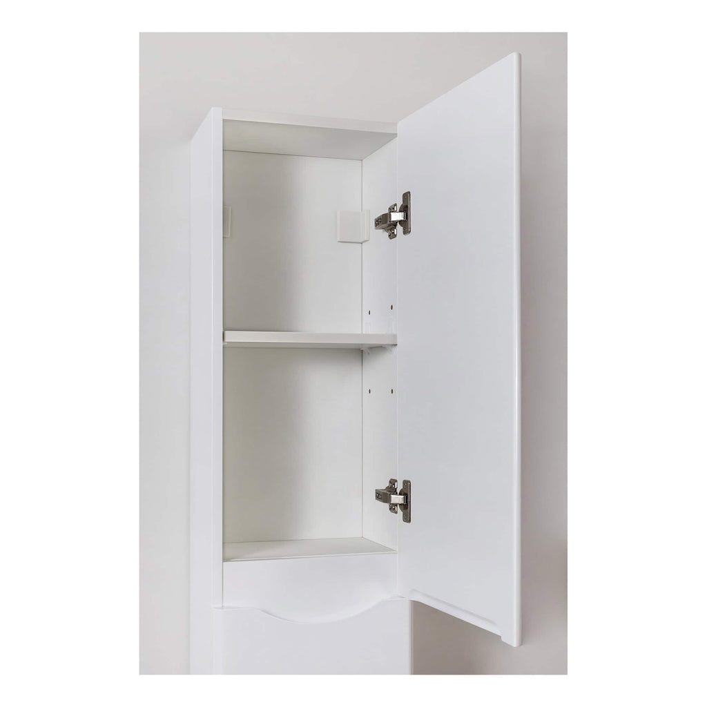 Rod cabinet with open door, sleek white bathroom storage for toiletries, designed for modern bathrooms, durable MDF finish, hinges for easy access, space-saving solution by Bubly Bathrooms.