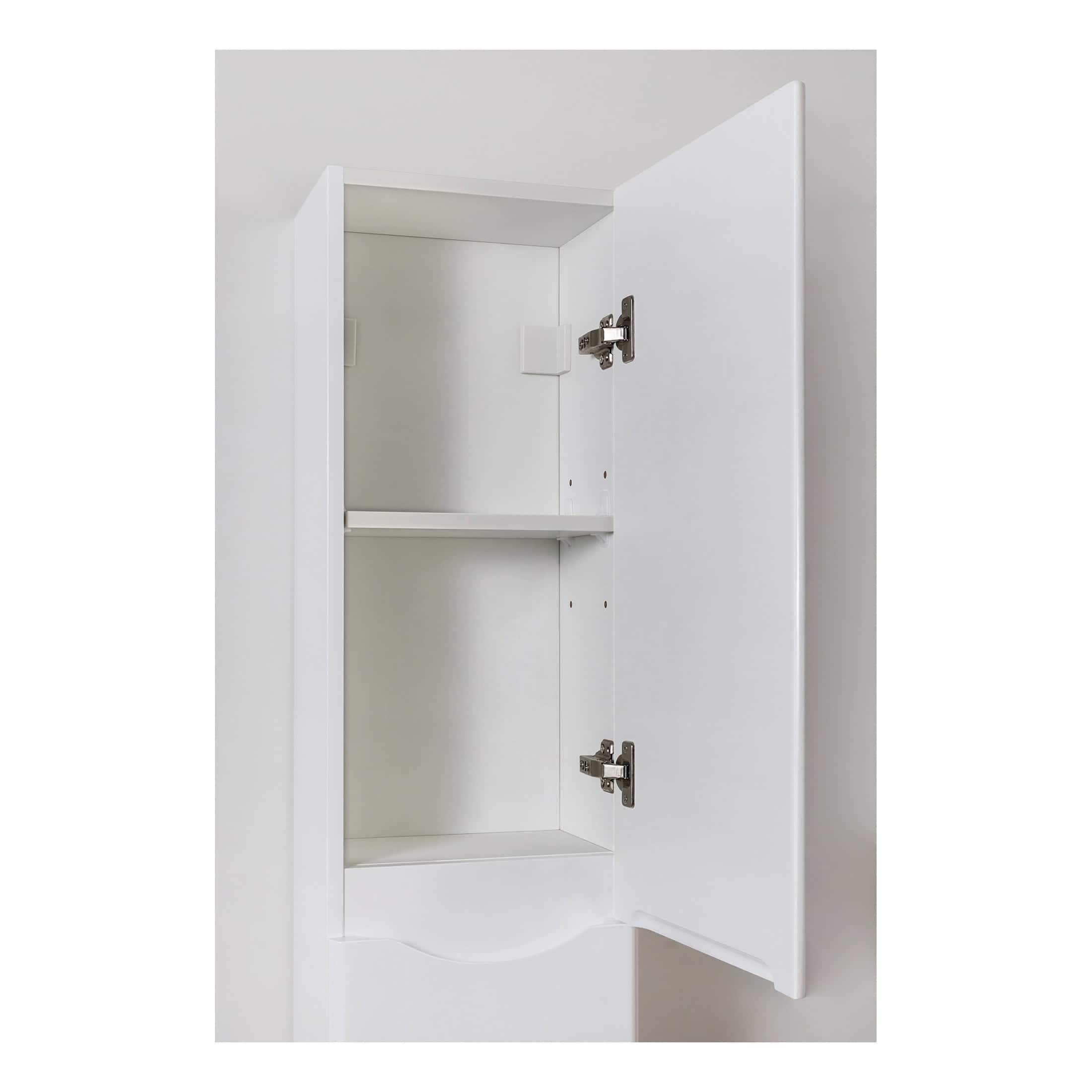 Rod cabinet with open door, sleek white bathroom storage for toiletries, designed for modern bathrooms, durable MDF finish, hinges for easy access, space-saving solution by Bubly Bathrooms.