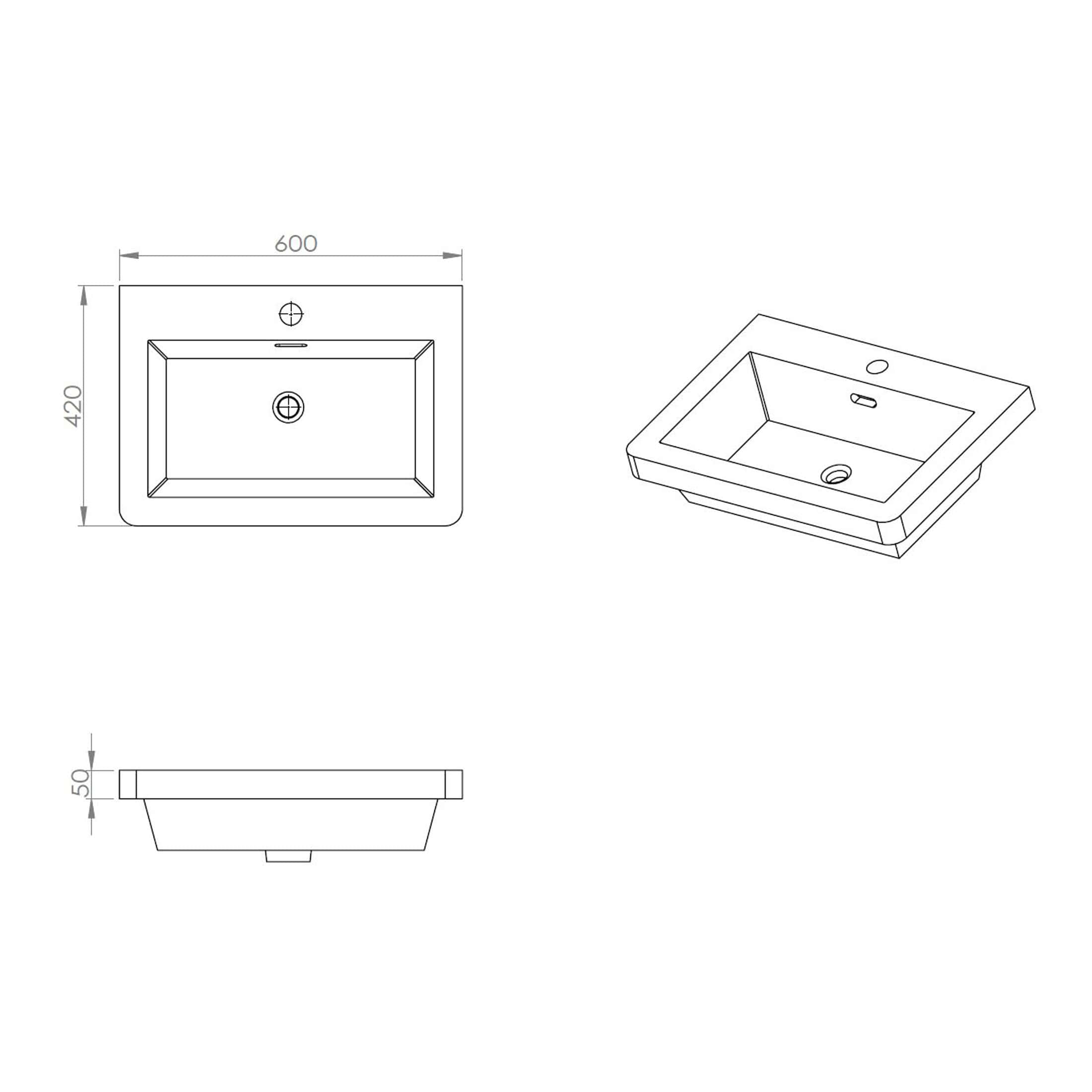 Contemporary rectangular bathroom sink with a minimalist design, featuring dimensions of 600mm x 420mm, ideal for modern bathroom renovations and fittings.