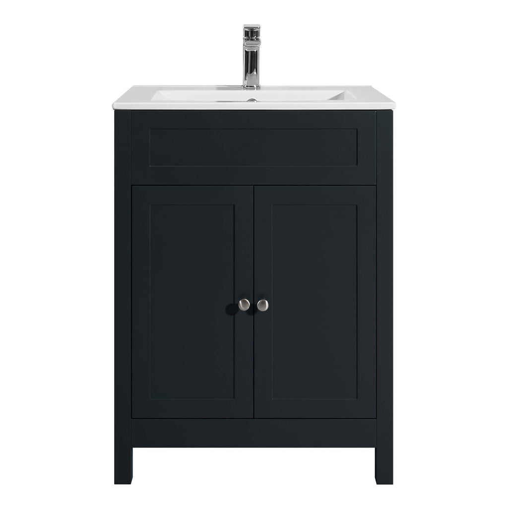 Elegant bathroom vanity unit with storage cabinet and ceramic sink, perfect for modern bathrooms. Features a sleek black finish and chrome faucet for a contemporary look.