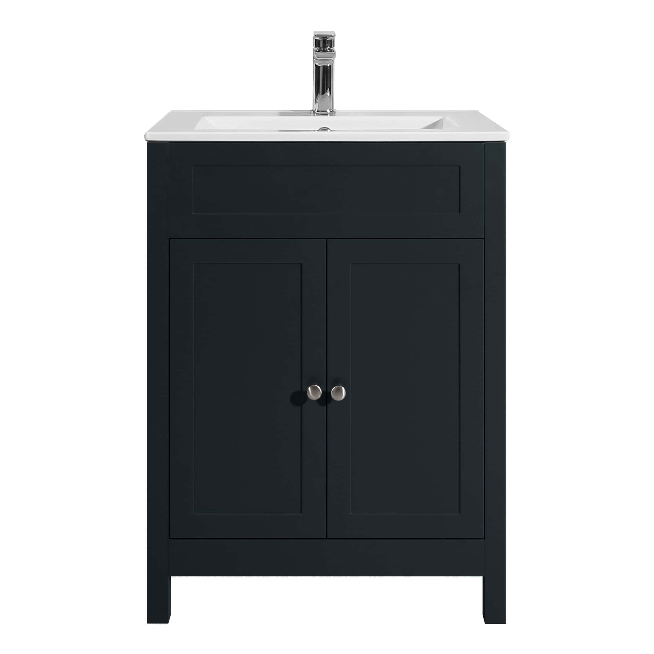 Elegant bathroom vanity unit with storage cabinet and ceramic sink, perfect for modern bathrooms. Features a sleek black finish and chrome faucet for a contemporary look.