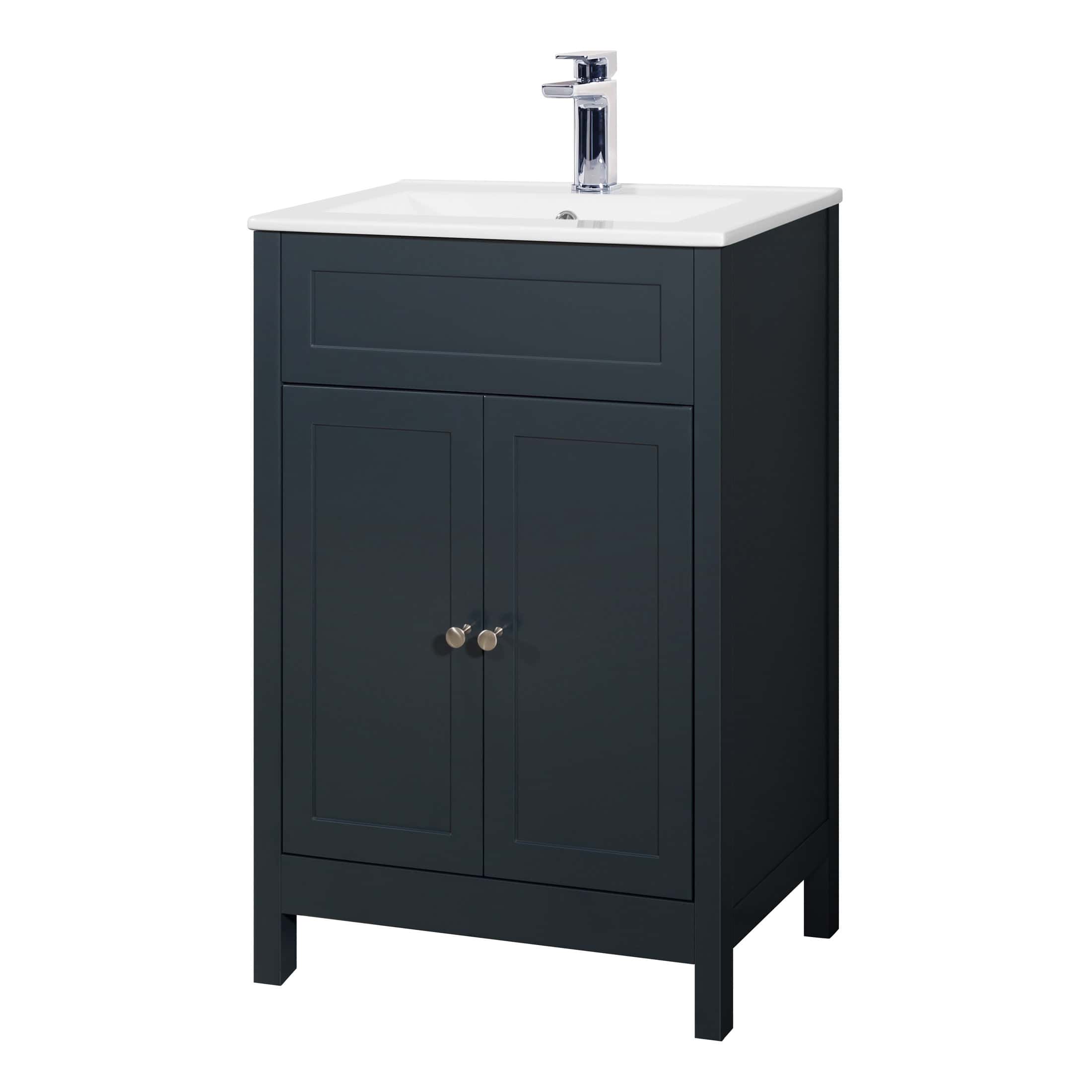 Contemporary bathroom vanity with a navy blue finish, white ceramic top, and modern chrome faucet, perfect for stylish bathroom storage.