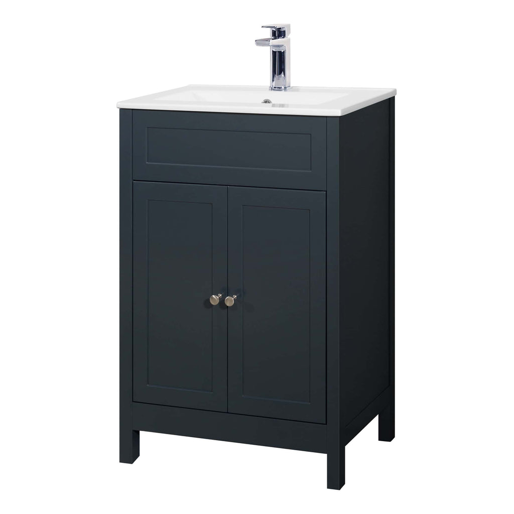 Contemporary bathroom vanity with a navy blue finish, white ceramic top, and modern chrome faucet, perfect for stylish bathroom storage.