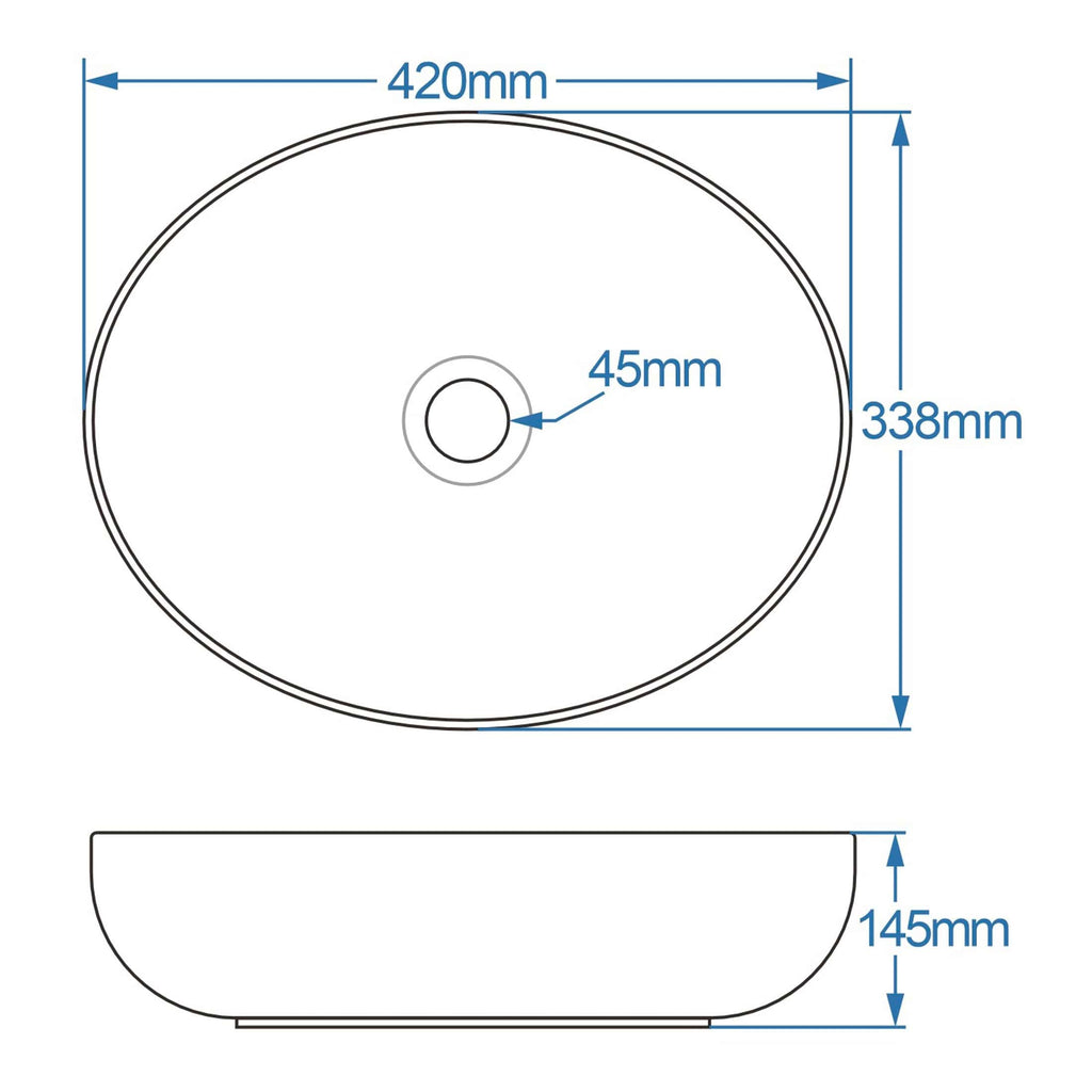 Sleek oval bathroom sink with precise measurements for perfect fit, featuring a central drain hole, ideal for modern bathroom designs and seamless integration with surrounding fixtures.