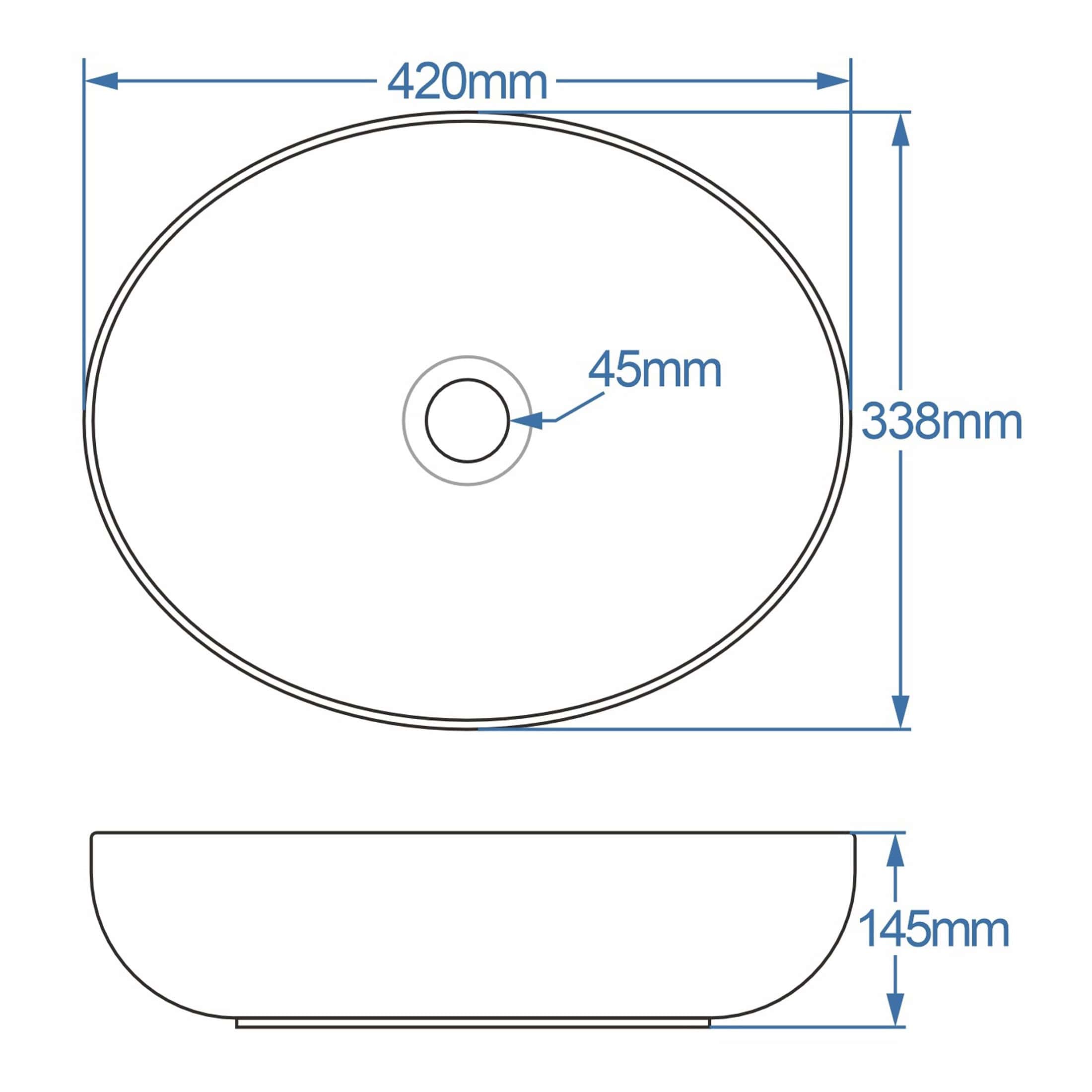 Sleek oval bathroom sink with precise measurements for perfect fit, featuring a central drain hole, ideal for modern bathroom designs and seamless integration with surrounding fixtures.