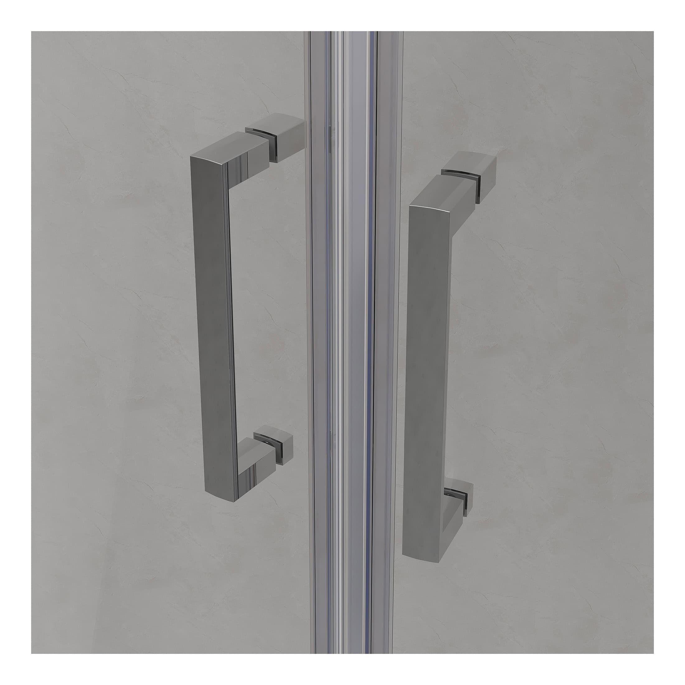 Sleek stainless steel bathroom door handles on modern shower door, minimalist bathroom hardware for contemporary wet room design.