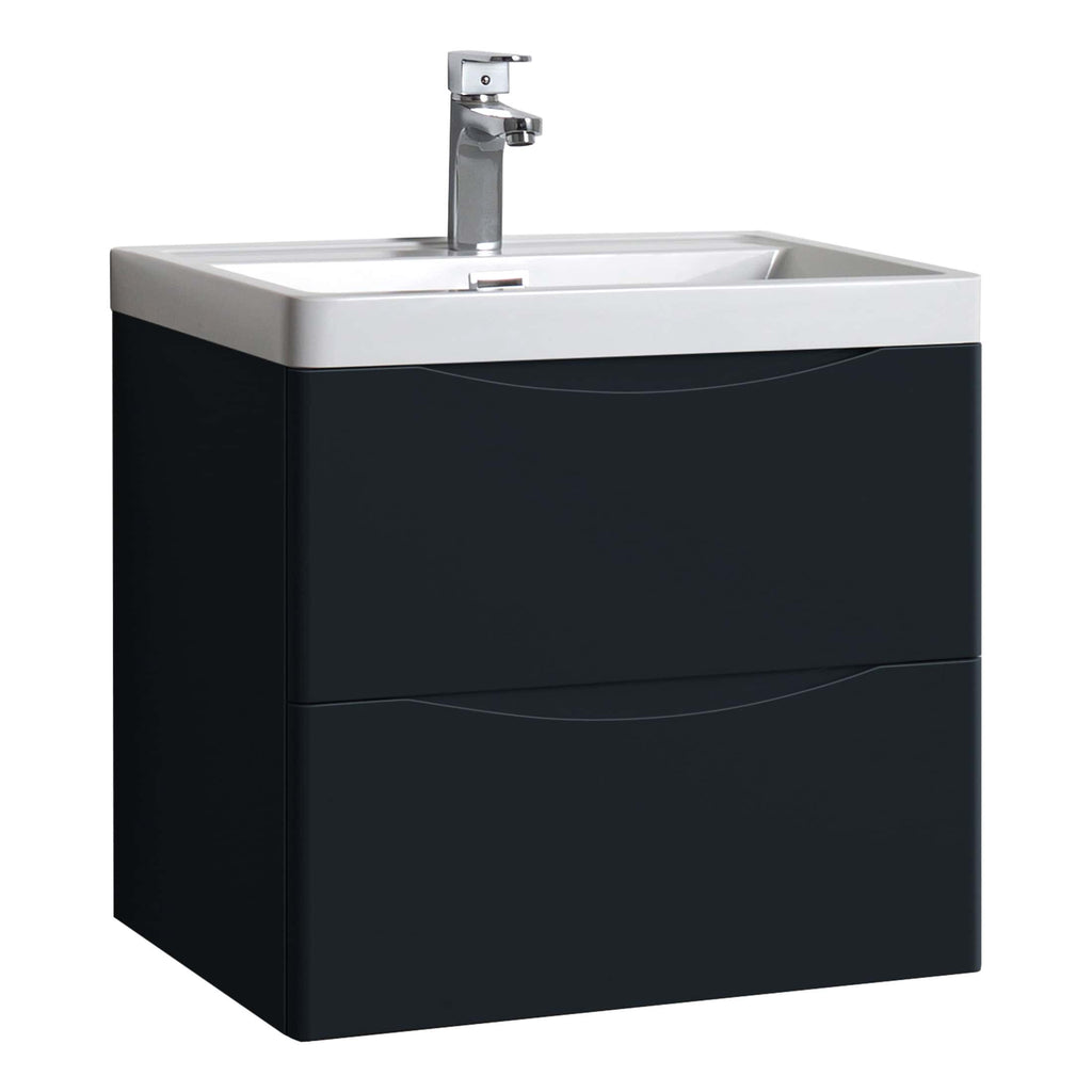 Modern bathroom vanity unit with integrated sink and storage, featuring sleek black finish and chrome tap for stylish bathroom renovation.