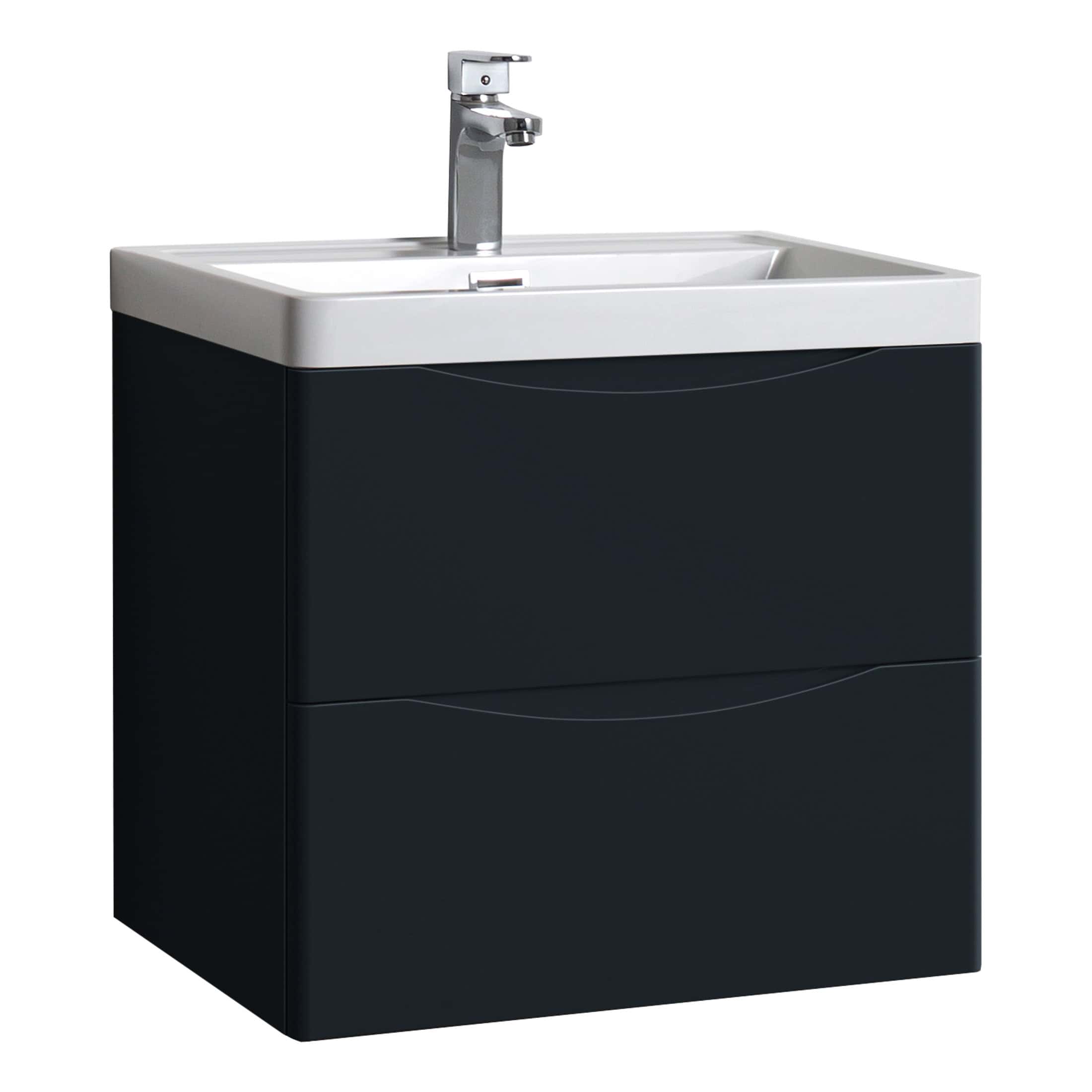 Modern bathroom vanity unit with integrated sink and storage, featuring sleek black finish and chrome tap for stylish bathroom renovation.