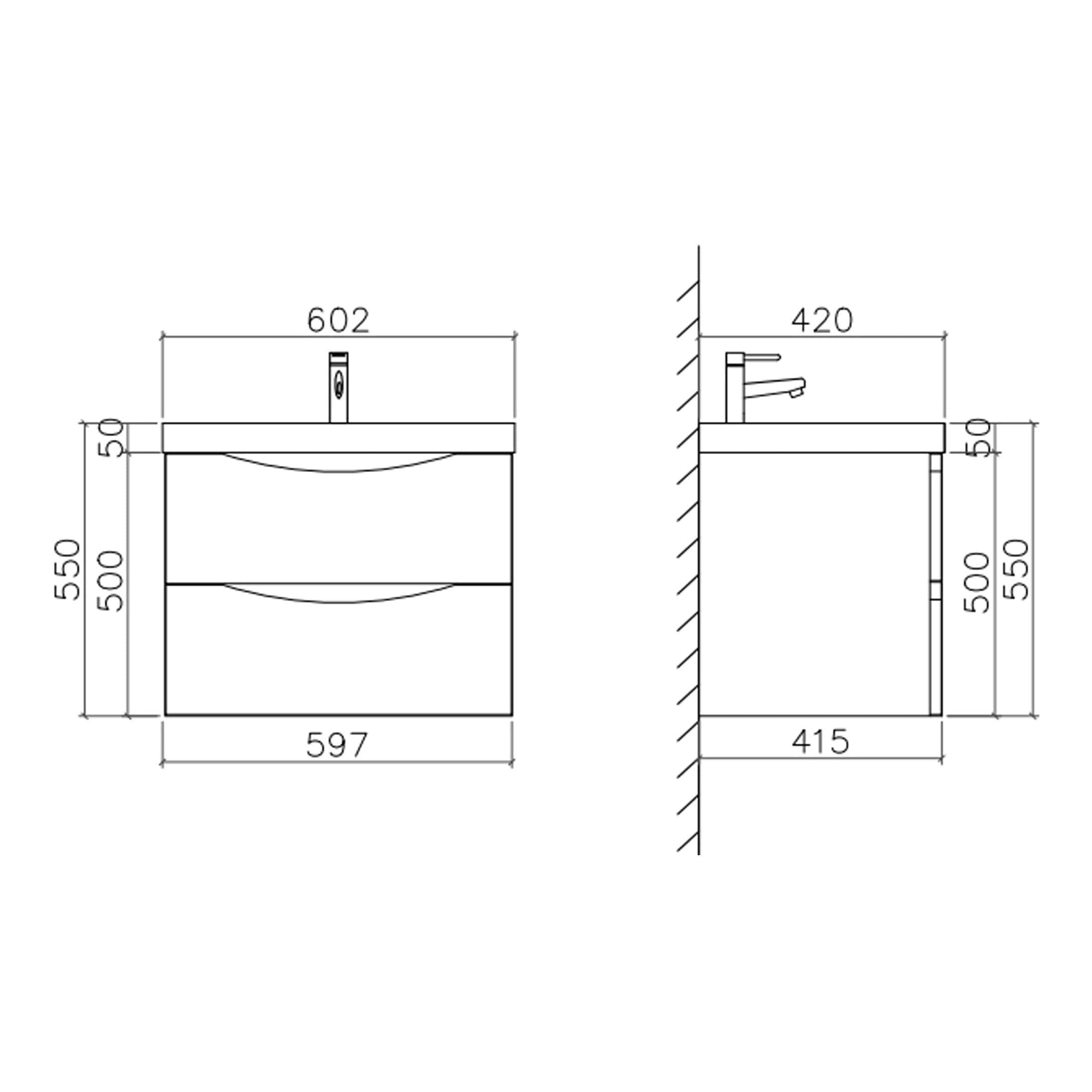 High-quality bathroom vanity unit drawing with dimensions and modern faucet design, suitable for bathroom renovation and interior design projects.