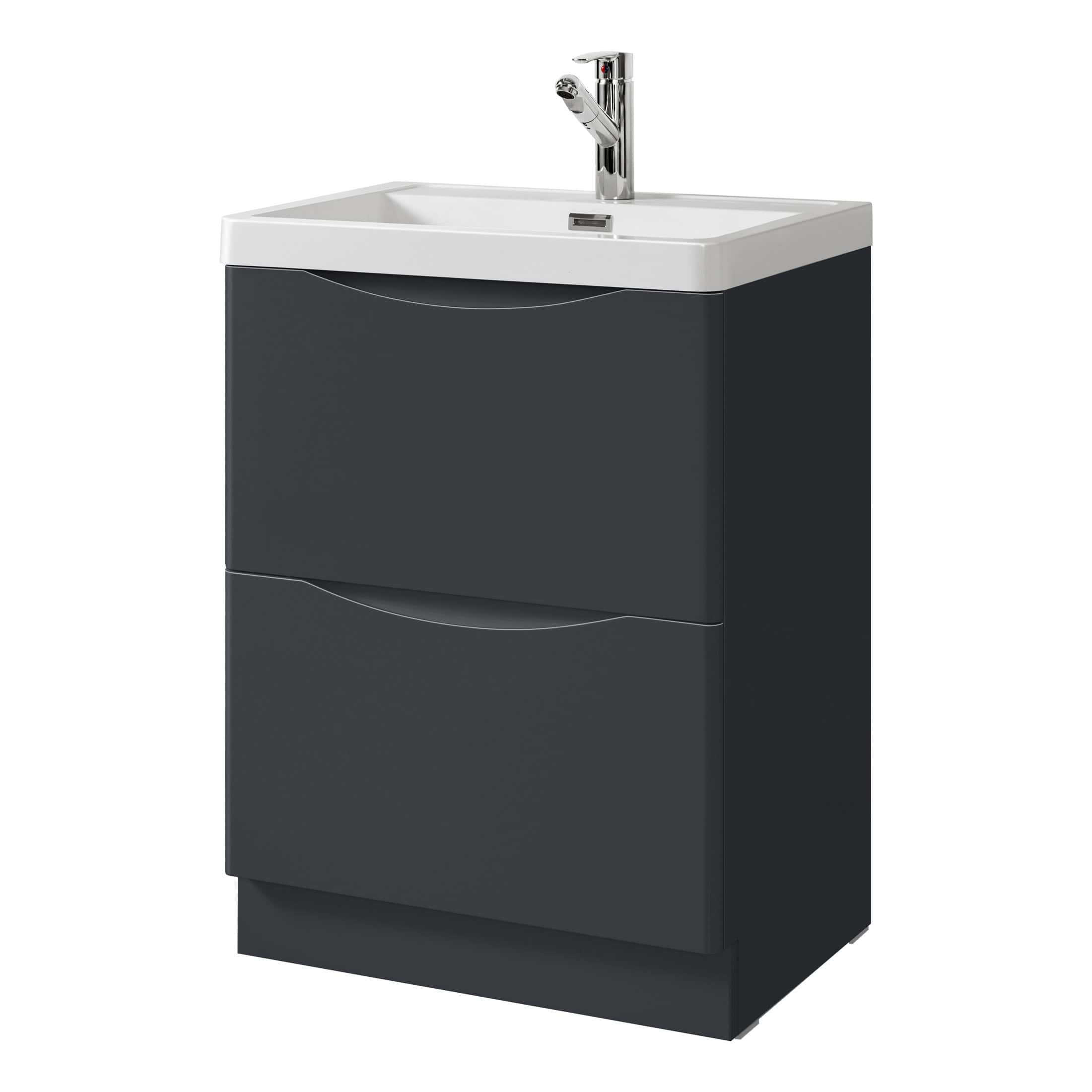 Sleek modern bathroom vanity with integrated sink, black finish, and chrome tap, ideal for contemporary bathrooms and space-saving spaces.