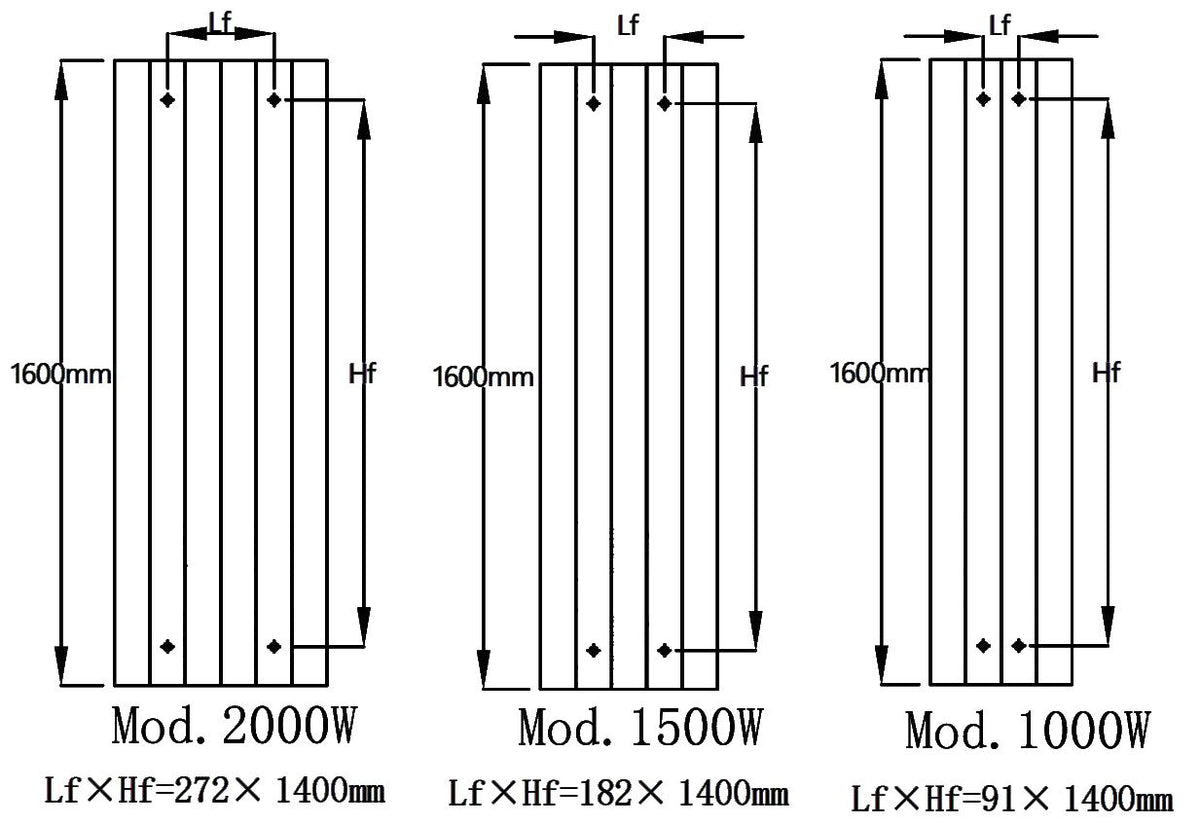 Reina Nika Vertical Anthracite Electric Radiator - technical drawing with dimensions