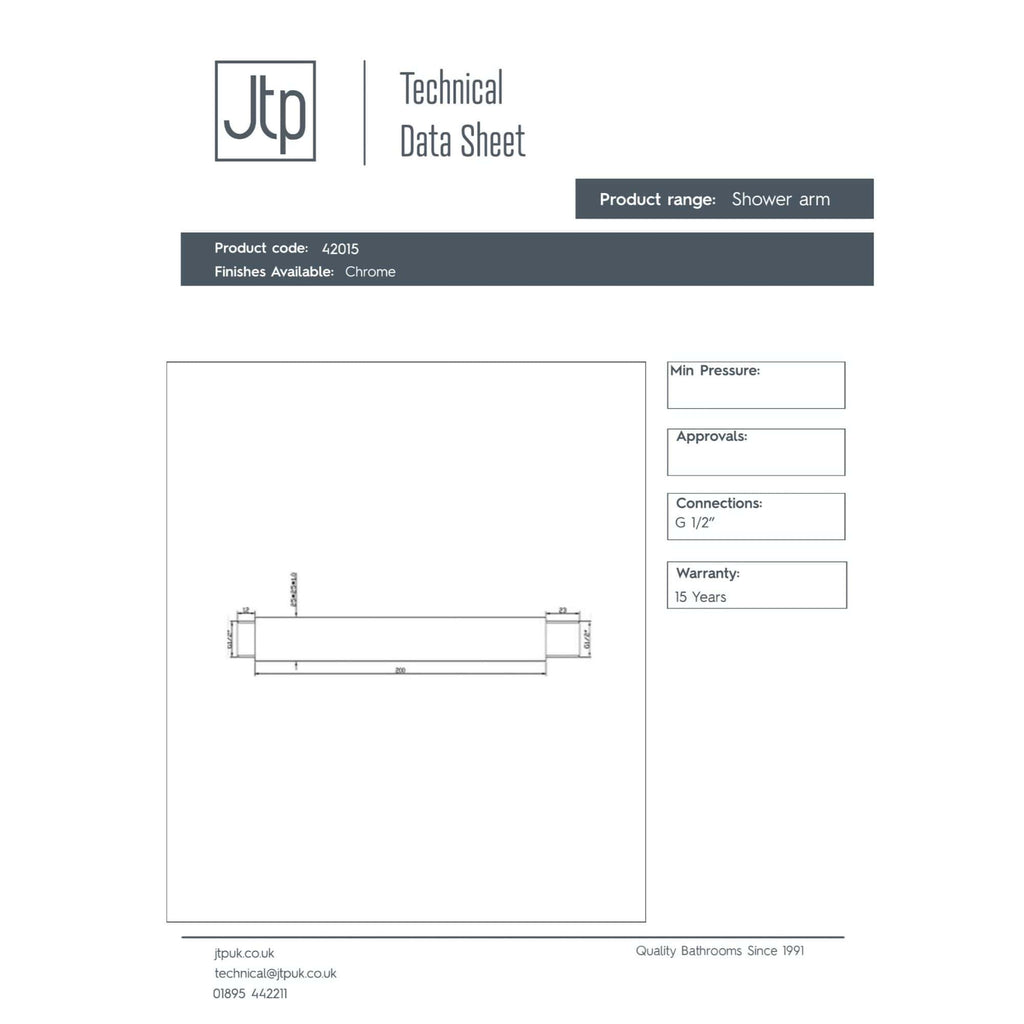 Modern chrome shower arm with technical drawing, designed for bathroom installations, ensuring durability and compatibility with various shower fittings.