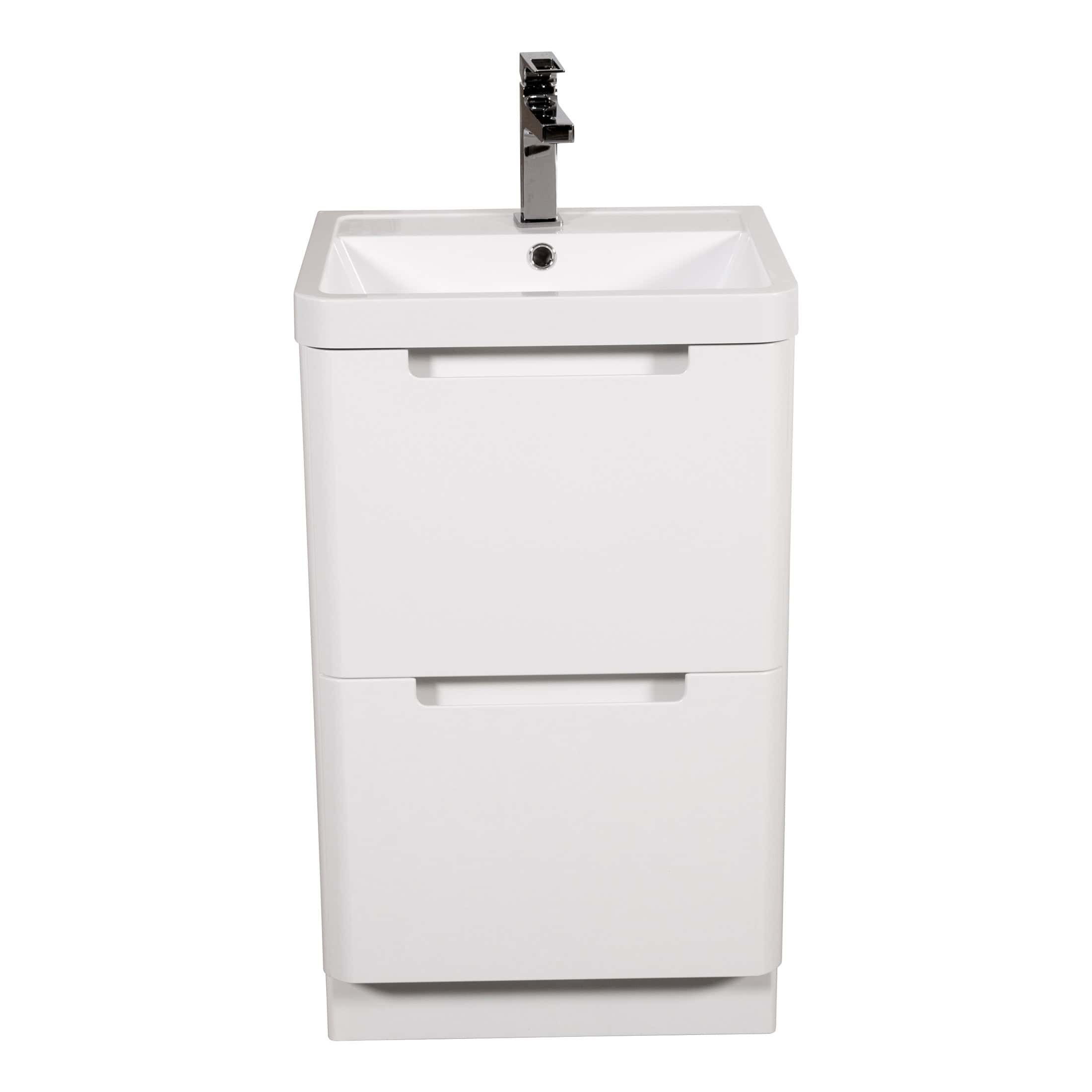 Sleek white bathroom vanity with integrated sink and modern tap, ideal for contemporary bathroom designs. Perfect for bathroom storage and stylish organisation solutions.