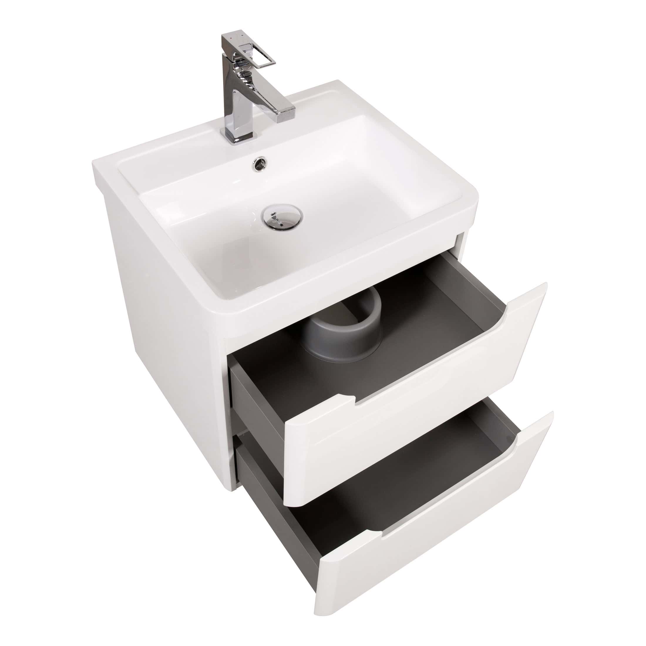 Chrome bathroom vanity unit with integrated sink and storage drawers for modern bathroom organisation. Suitable for bathrooms needing sleek, functional solutions.