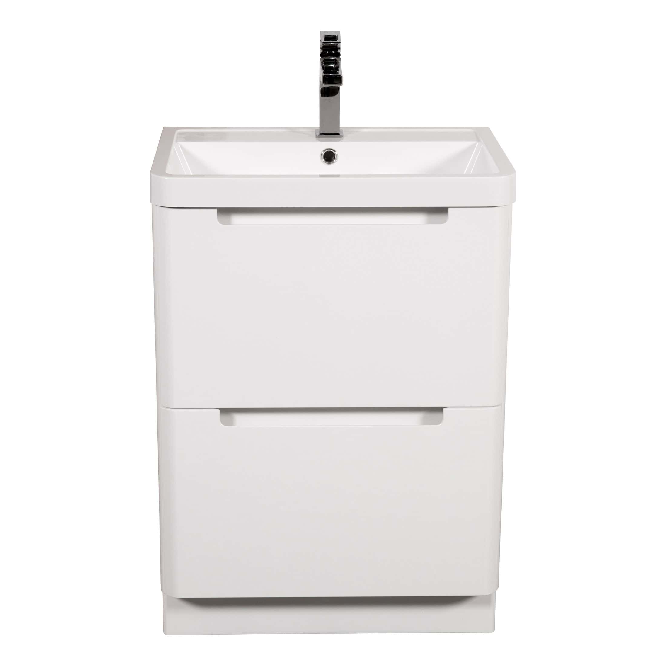 Sleek modern white bathroom vanity with integrated sink and chrome faucet, ideal for contemporary bathroom designs and smart storage solutions.