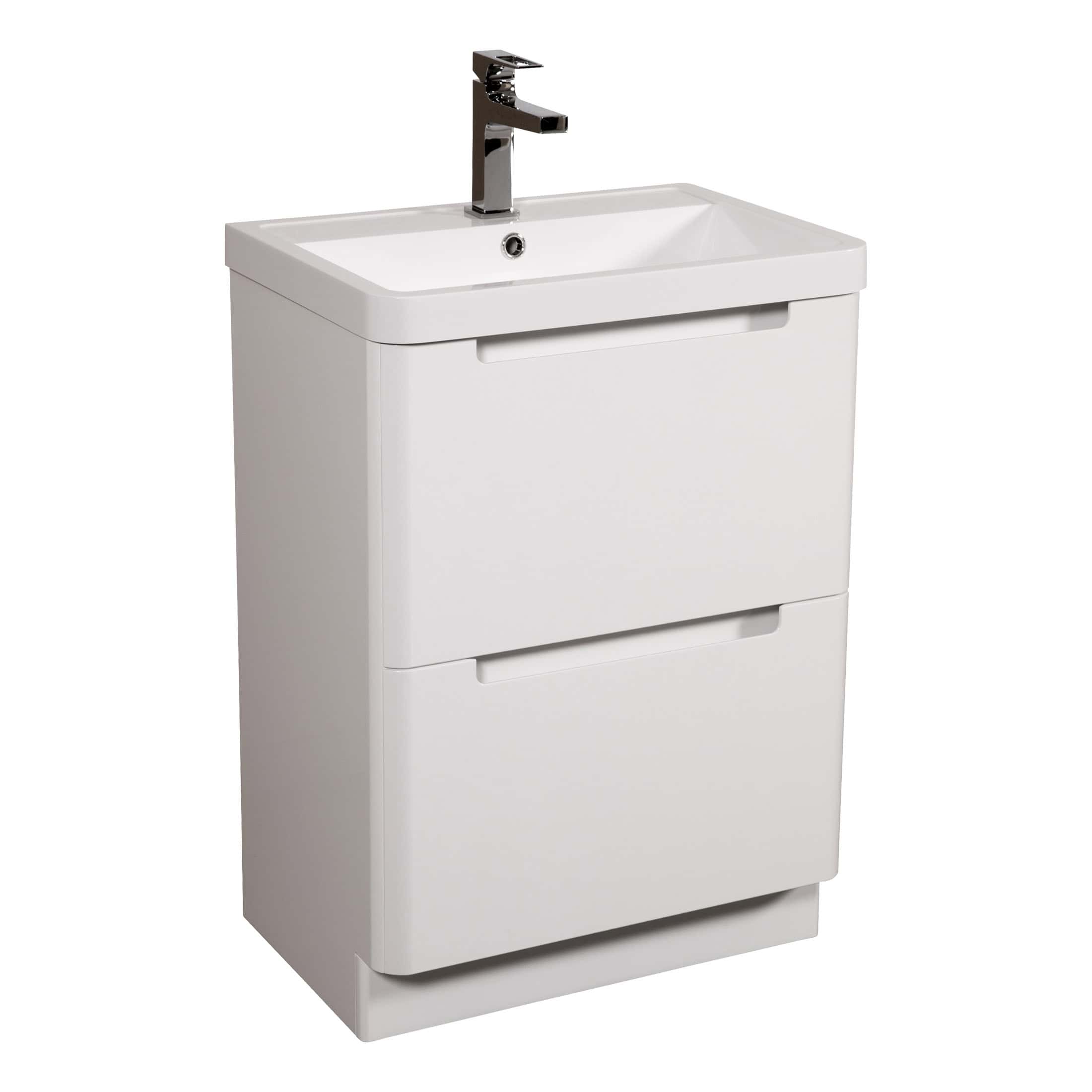White bathroom vanity with integrated sink and chrome faucet, modern bathroom furniture for storage and hygiene.