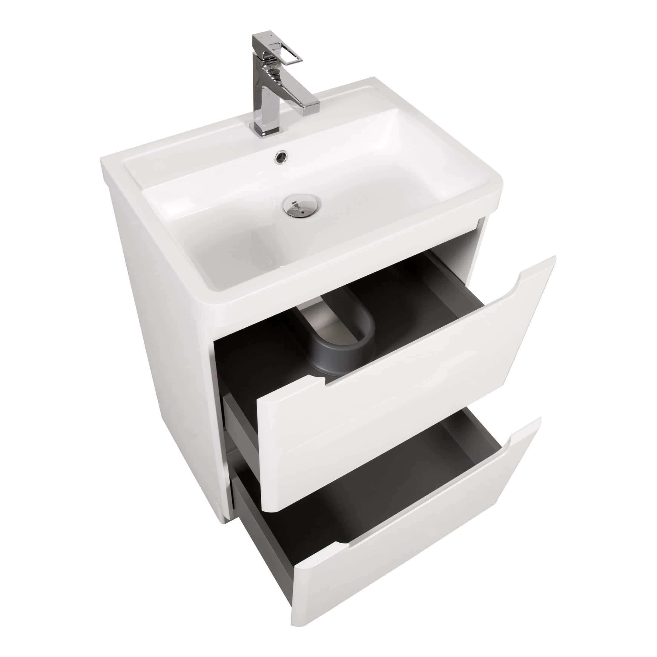 Modern white bathroom vanity with integrated sink and sleek chrome faucet for stylish and functional bathroom storage solutions.
