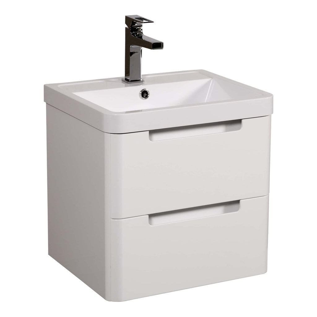 Modern white bathroom vanity with integrated sink and chrome faucet, ideal for contemporary bathroom renovations and plumbing solutions.