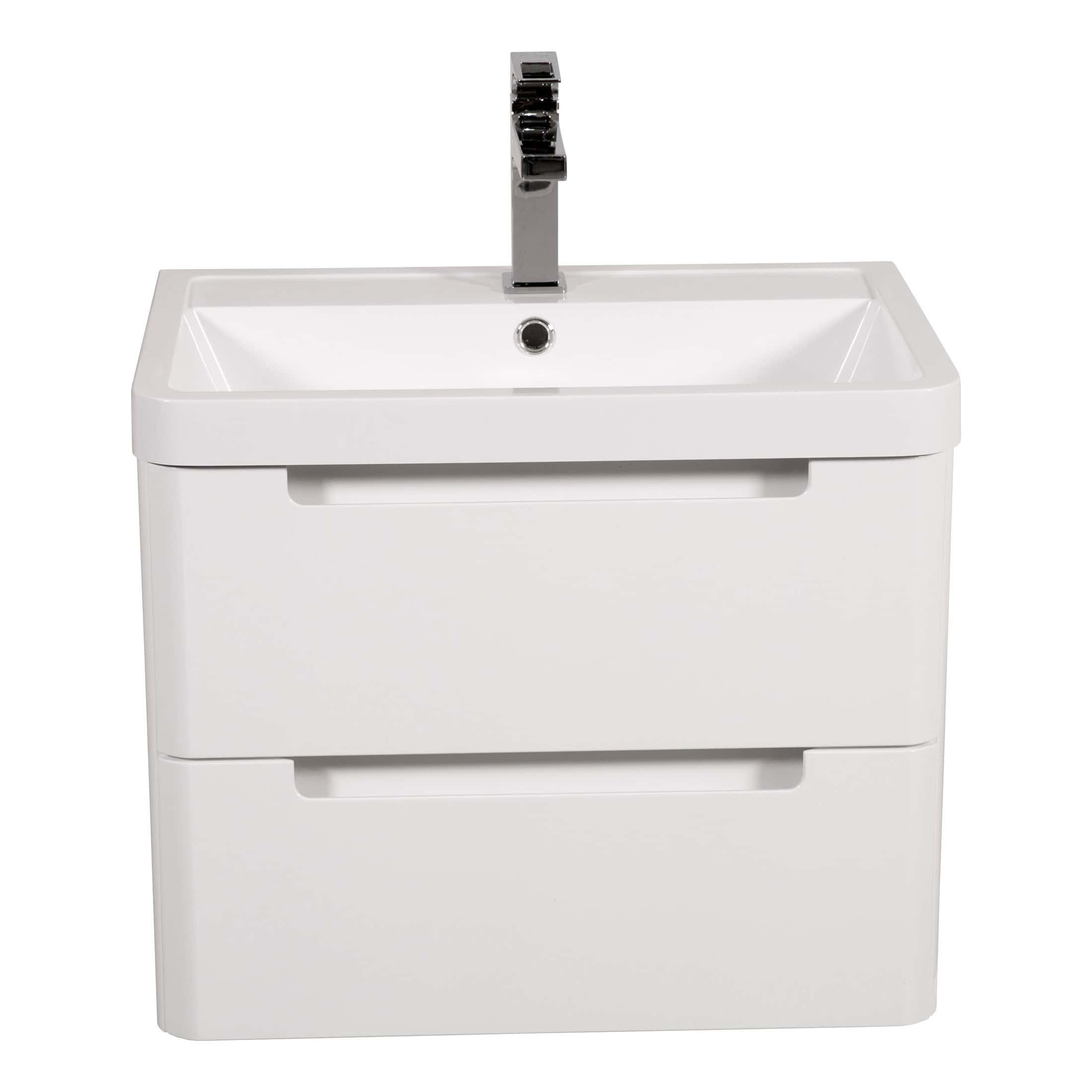 Sleek white bathroom vanity with integrated sink and modern chrome faucet, ideal for contemporary bathroom designs, providing stylish storage and washbasin solutions.
