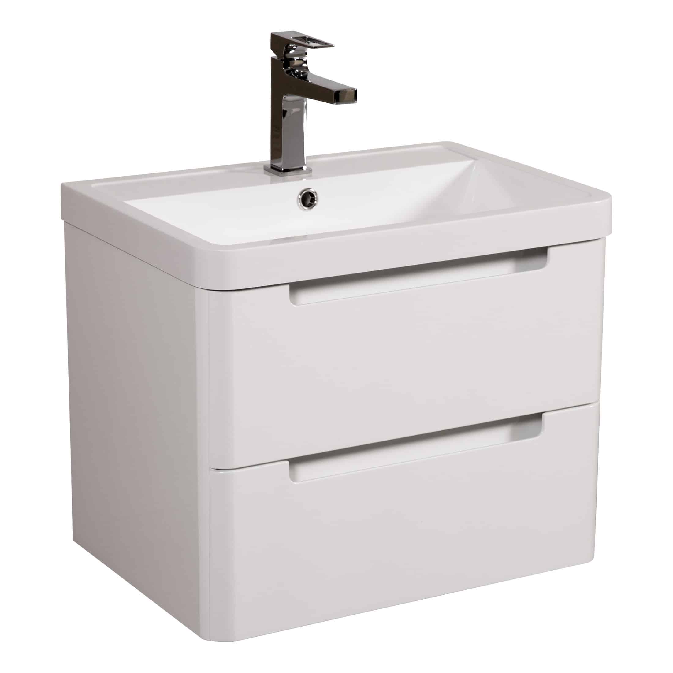 Sleek white bathroom vanity with integrated sink and modern chrome tap, perfect for contemporary bathrooms, offering stylish storage solutions in bathroom design.