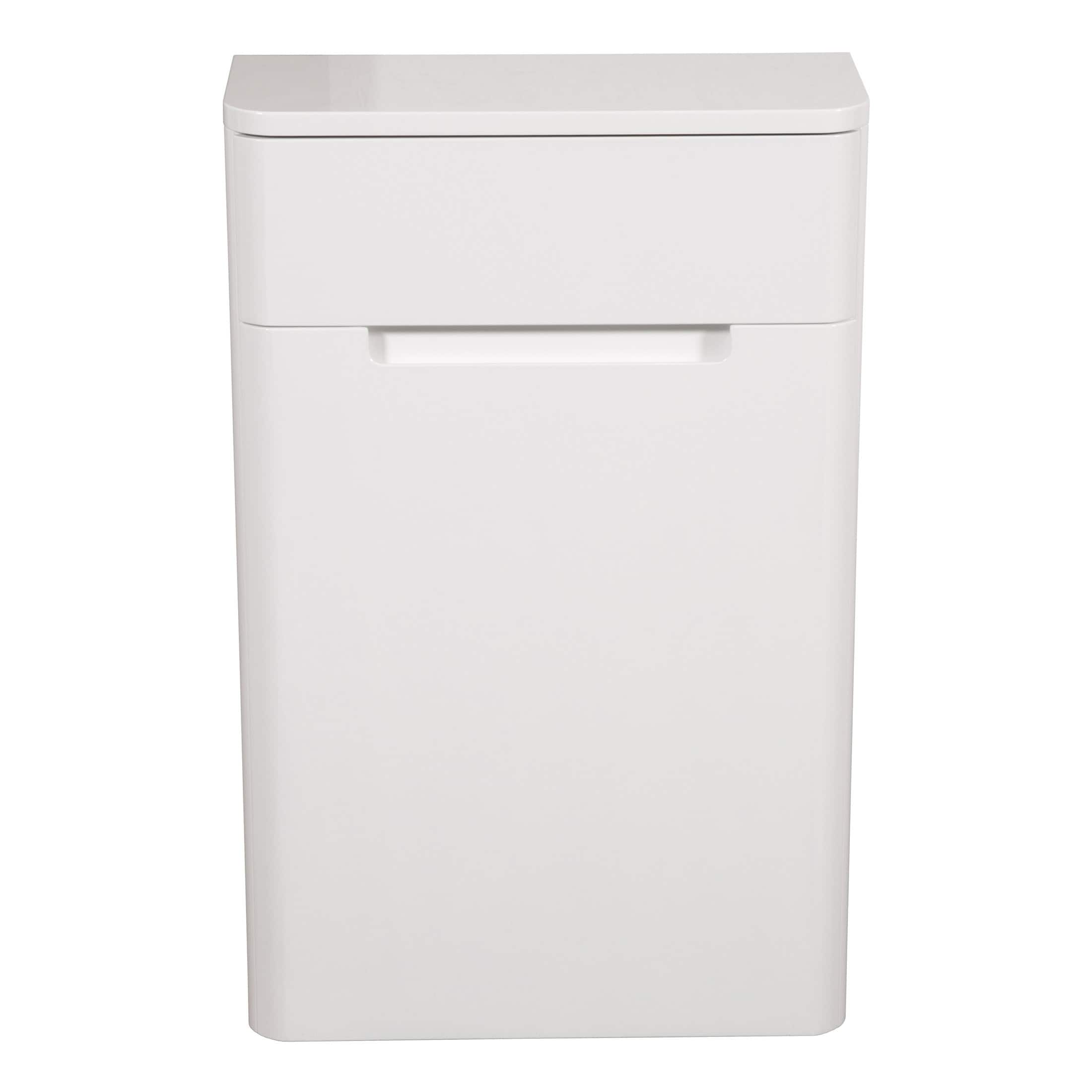 White compact laundry or storage unit with clean, modern design for bathrooms or utility rooms.