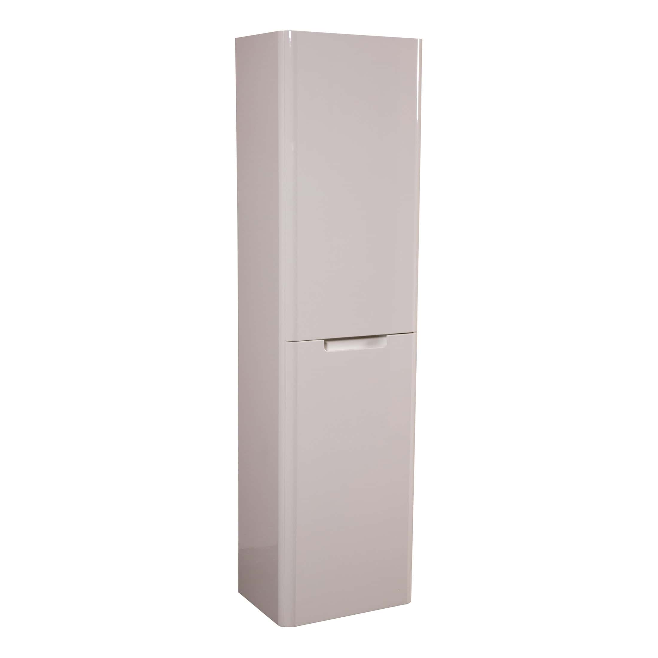 Minimalist tall bathroom cabinet in white with integrated handle, ideal for modern bathroom storage solutions.
