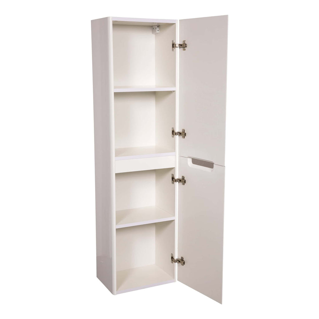 Adjustable white bathroom storage cabinet with shelves and full-length door, ideal for bathroom organisation and fitting in tight spaces.