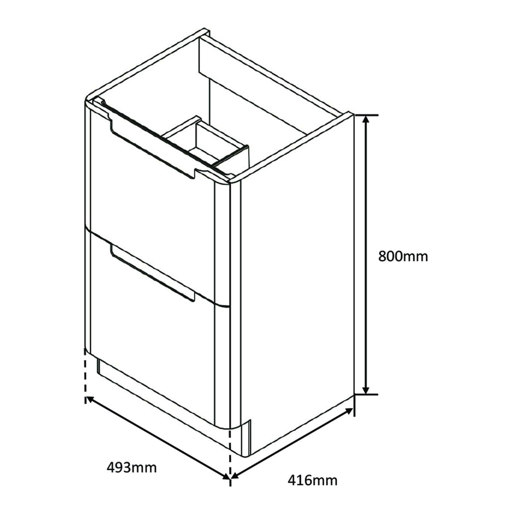 Modern bathroom vanity unit with dimensions 800mm height, 493mm width, and 416mm depth, featuring built-in drawers and a sleek design for contemporary bathrooms.