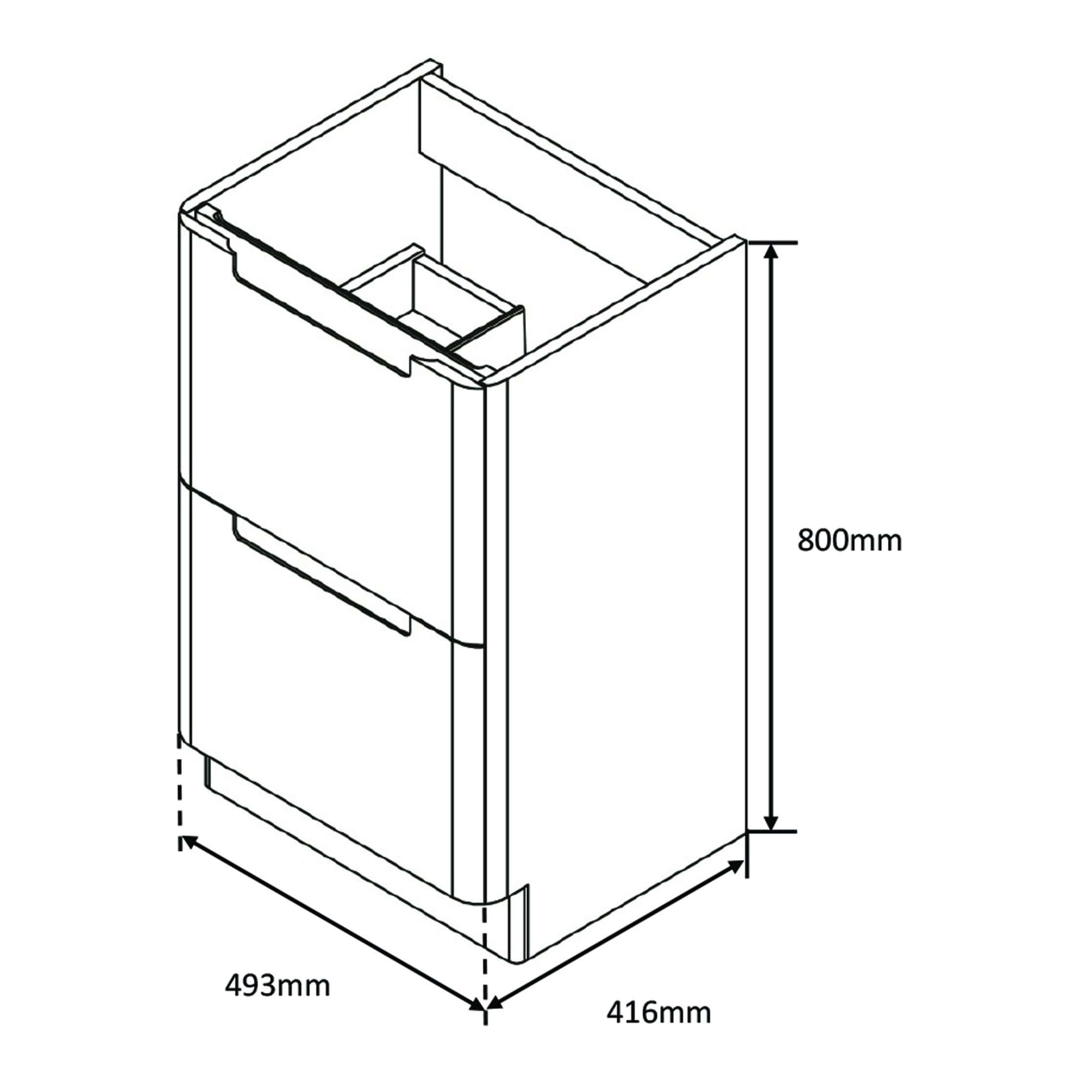 Modern bathroom vanity unit with dimensions 800mm height, 493mm width, and 416mm depth, featuring built-in drawers and a sleek design for contemporary bathrooms.