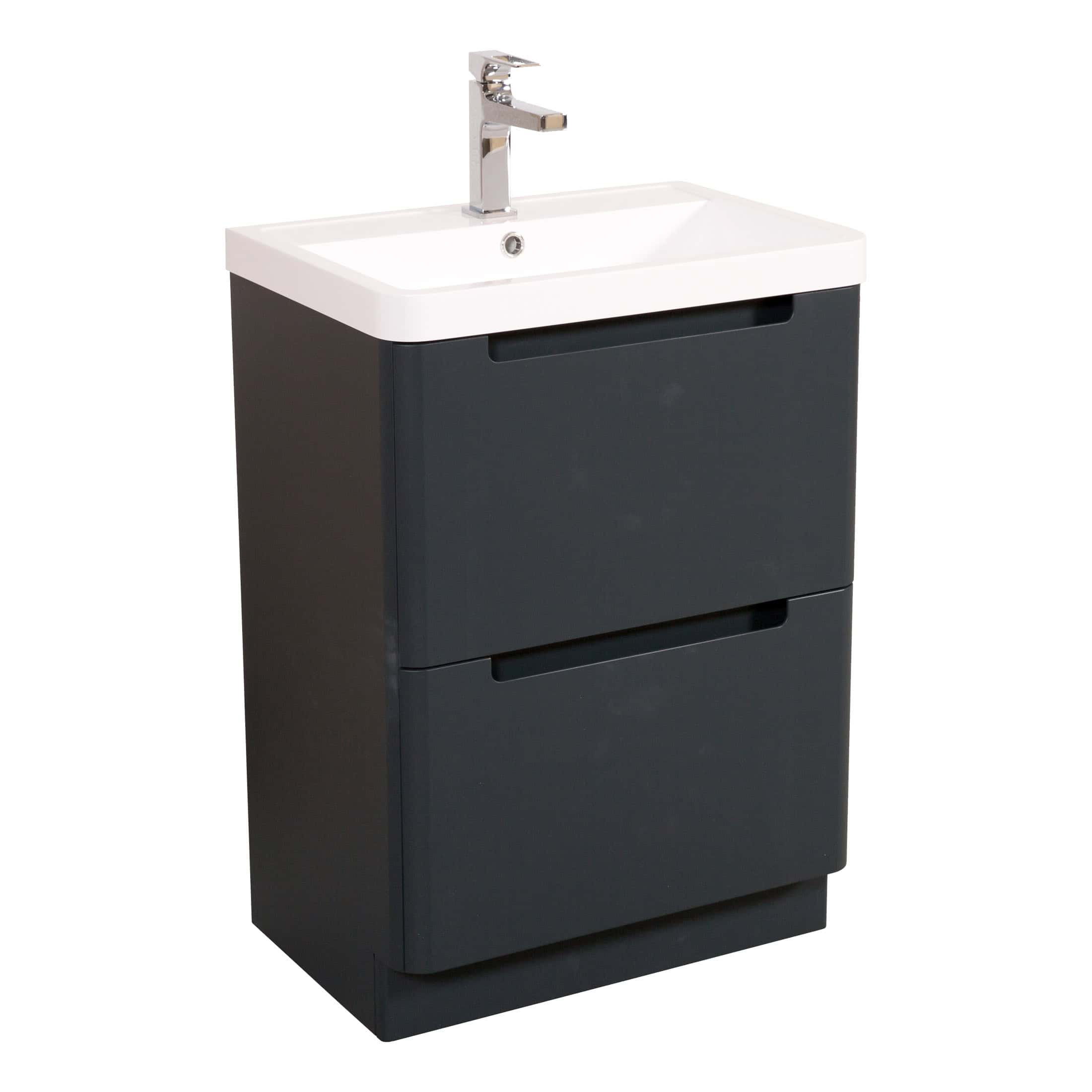 Modern bathroom vanity unit with integrated sink and chrome faucet, ideal for contemporary bathroom designs.