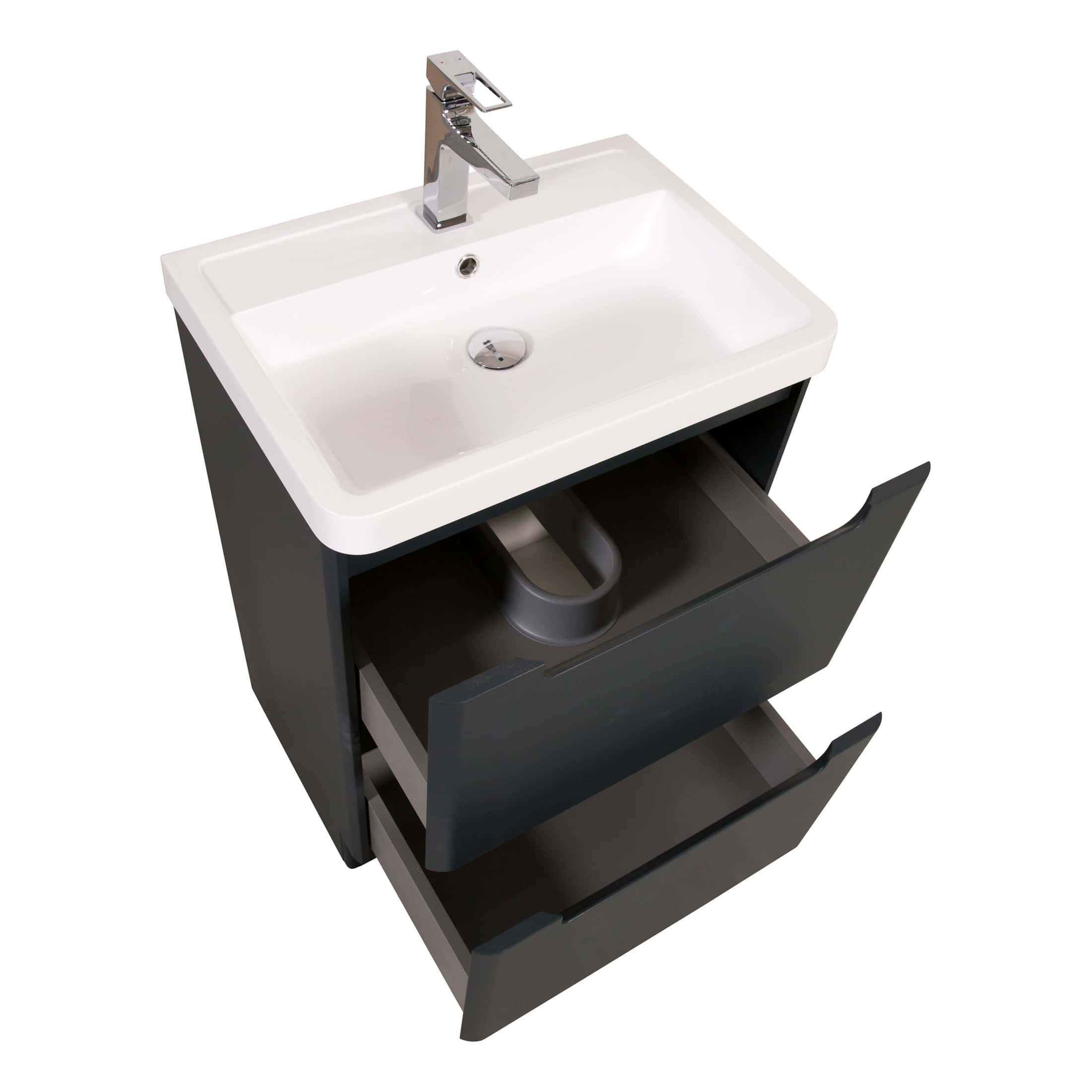 Modern bathroom vanity unit with integrated sink and storage drawers, perfect for contemporary bathroom design and space-saving solutions.