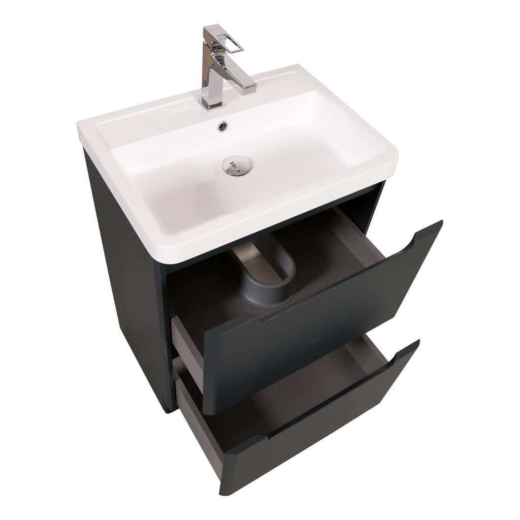 Modern bathroom vanity unit with integrated sink and storage drawers, perfect for contemporary bathroom design and space-saving solutions.