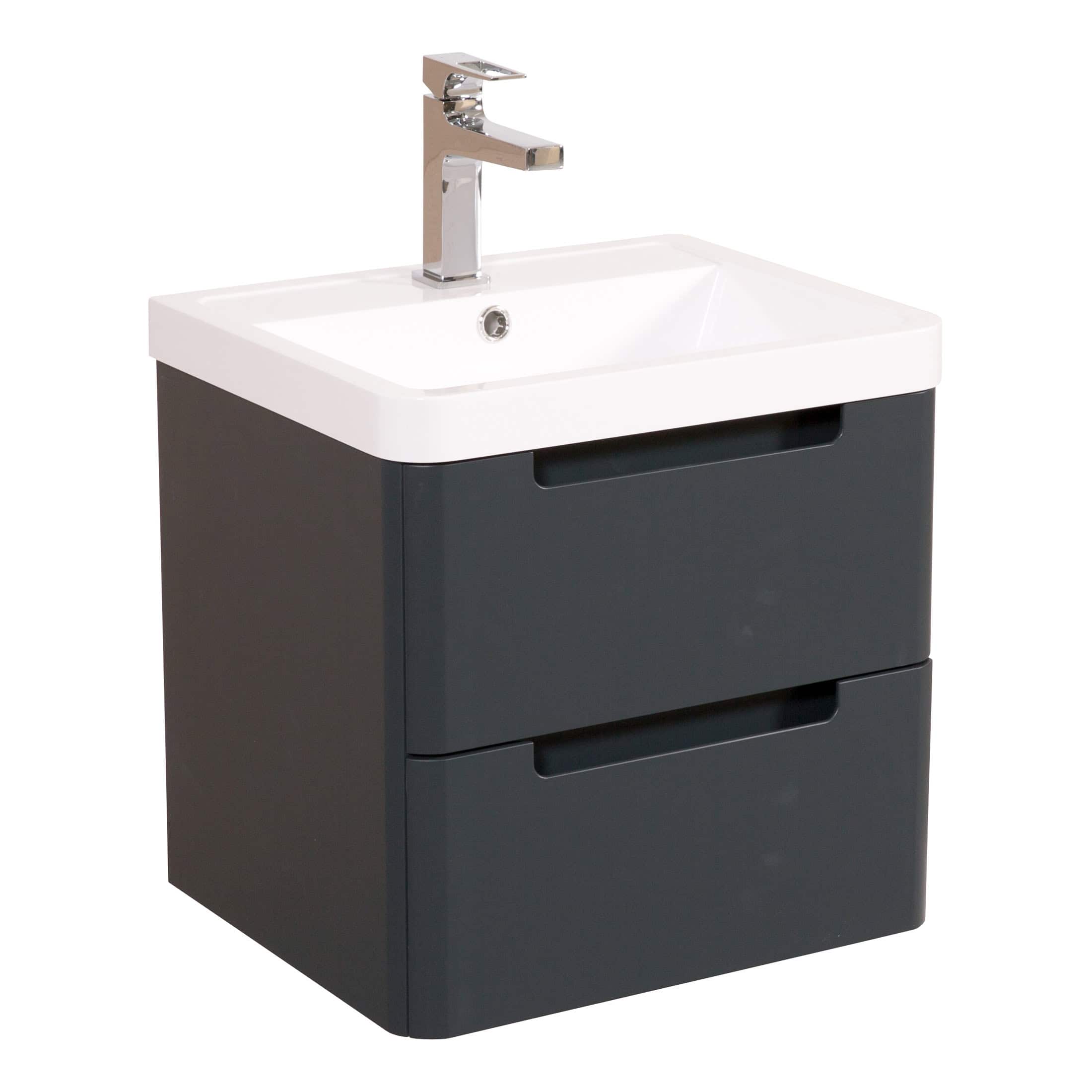 Sleek modern bathroom vanity with a compact design, featuring a white ceramic sink and dark grey storage cabinet, perfect for contemporary bathroom upgrades.