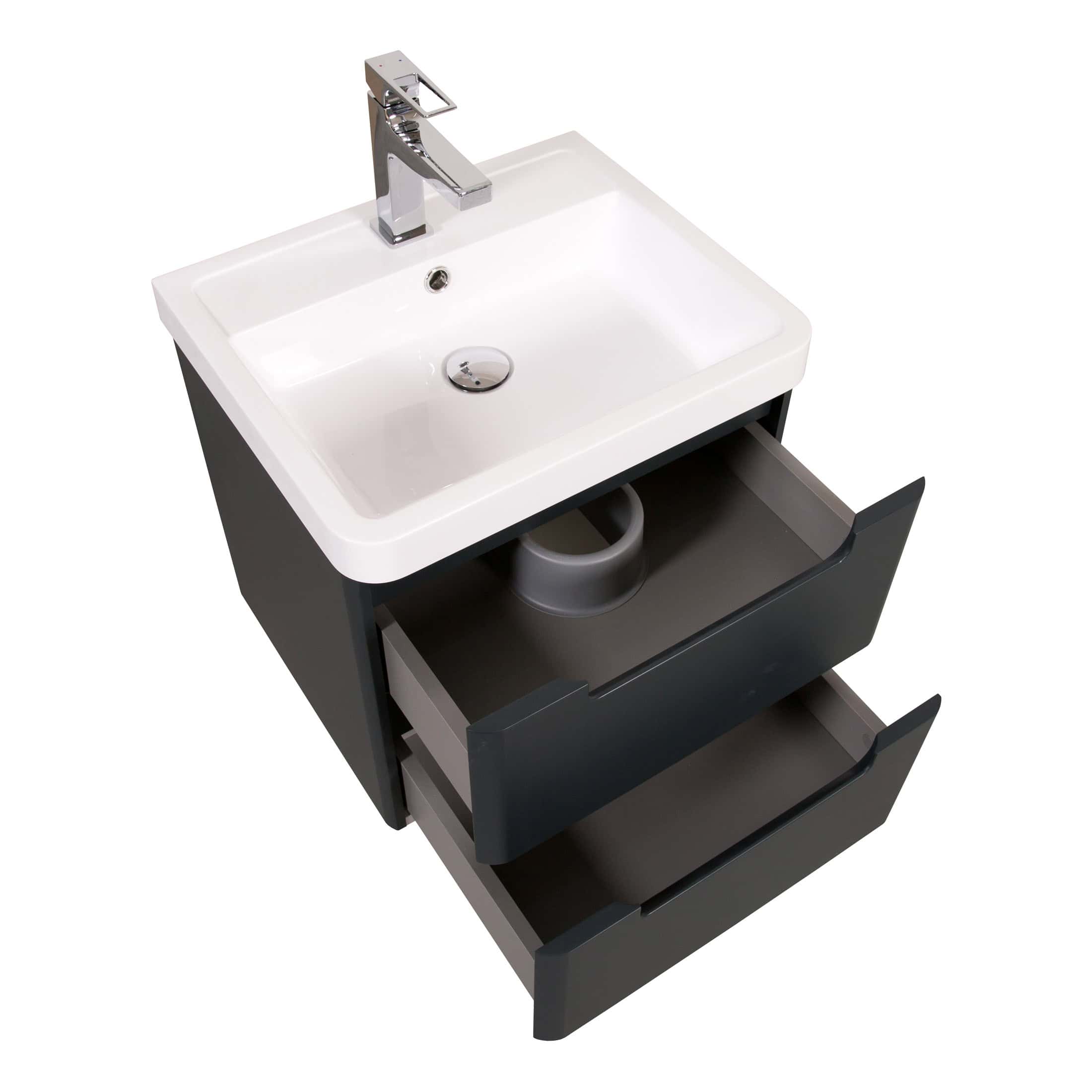 Sleek modern bathroom vanity with a white ceramic sink, black cabinetry, and multiple storage drawers, ideal for contemporary bathroom design.