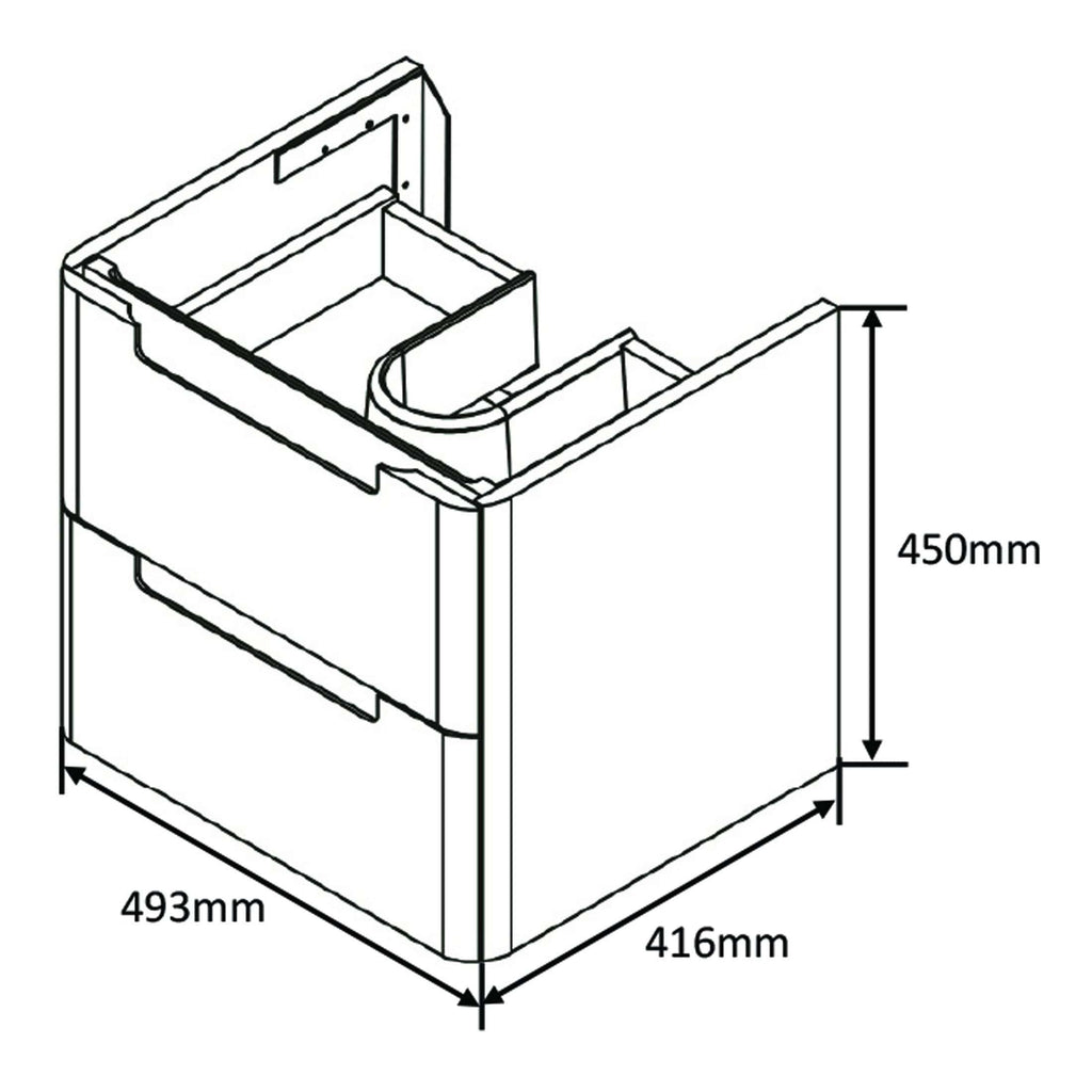 Modern bathroom vanity unit with detailed measurements for custom fit, ideal for contemporary bathroom renovation and storage solutions.