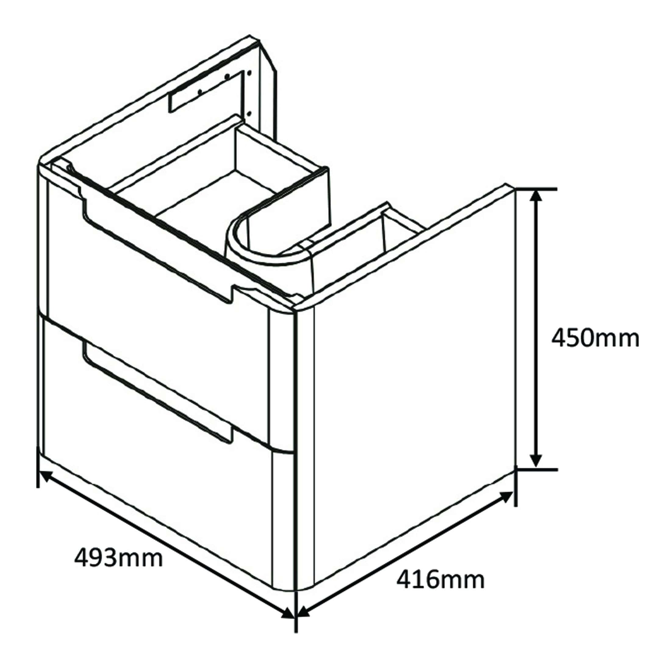 Modern bathroom vanity unit with detailed measurements for custom fit, ideal for contemporary bathroom renovation and storage solutions.
