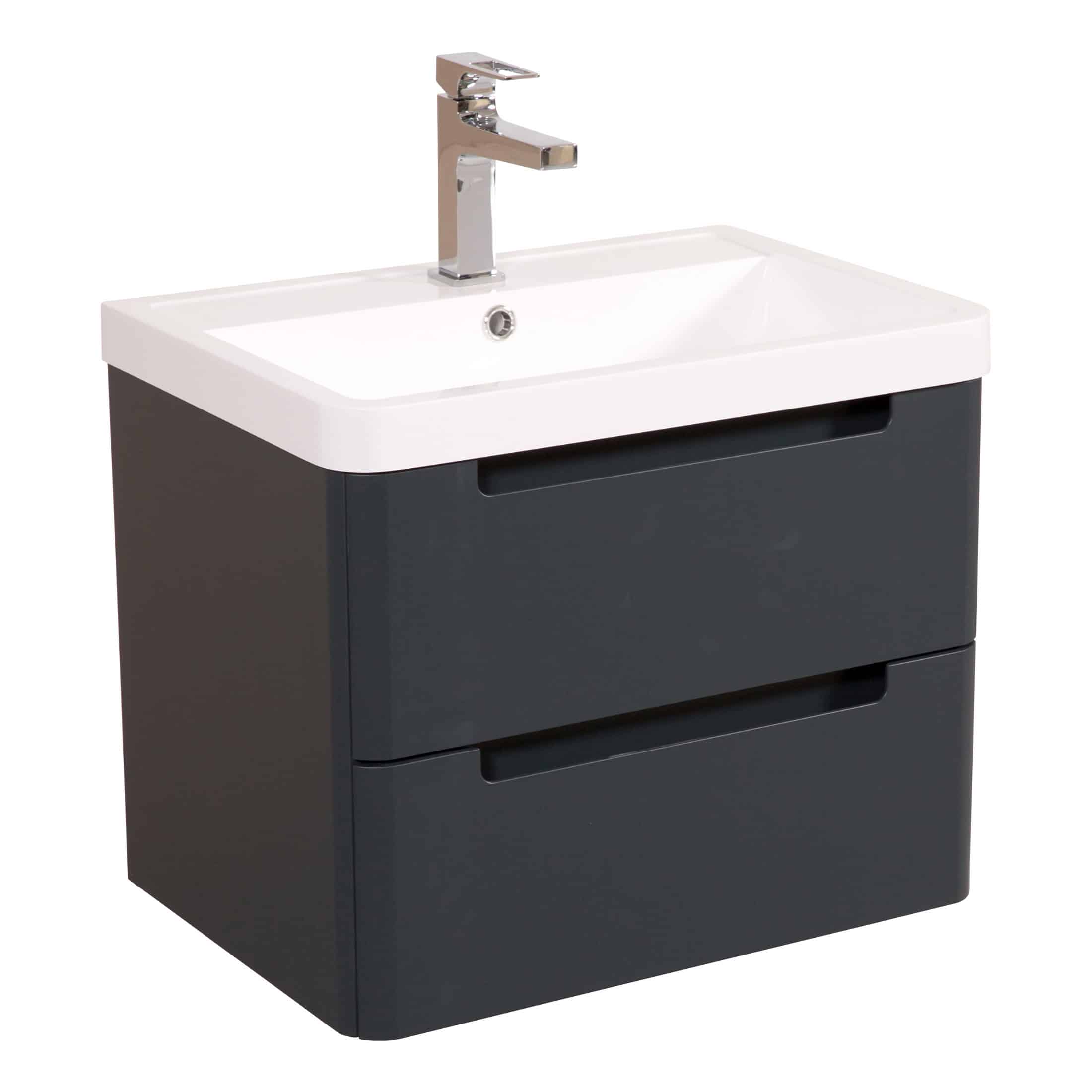 Modern bathroom vanity with integrated sink and sleek dark grey finish for contemporary bathroom decor. High-quality cabinetry with storage drawers, perfect for stylish and functional bathroom storage.
