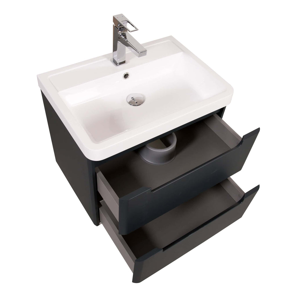 Modern bathroom vanity unit with integrated white ceramic sink and sleek black drawers, ideal for stylish and functional bathroom storage and decor.