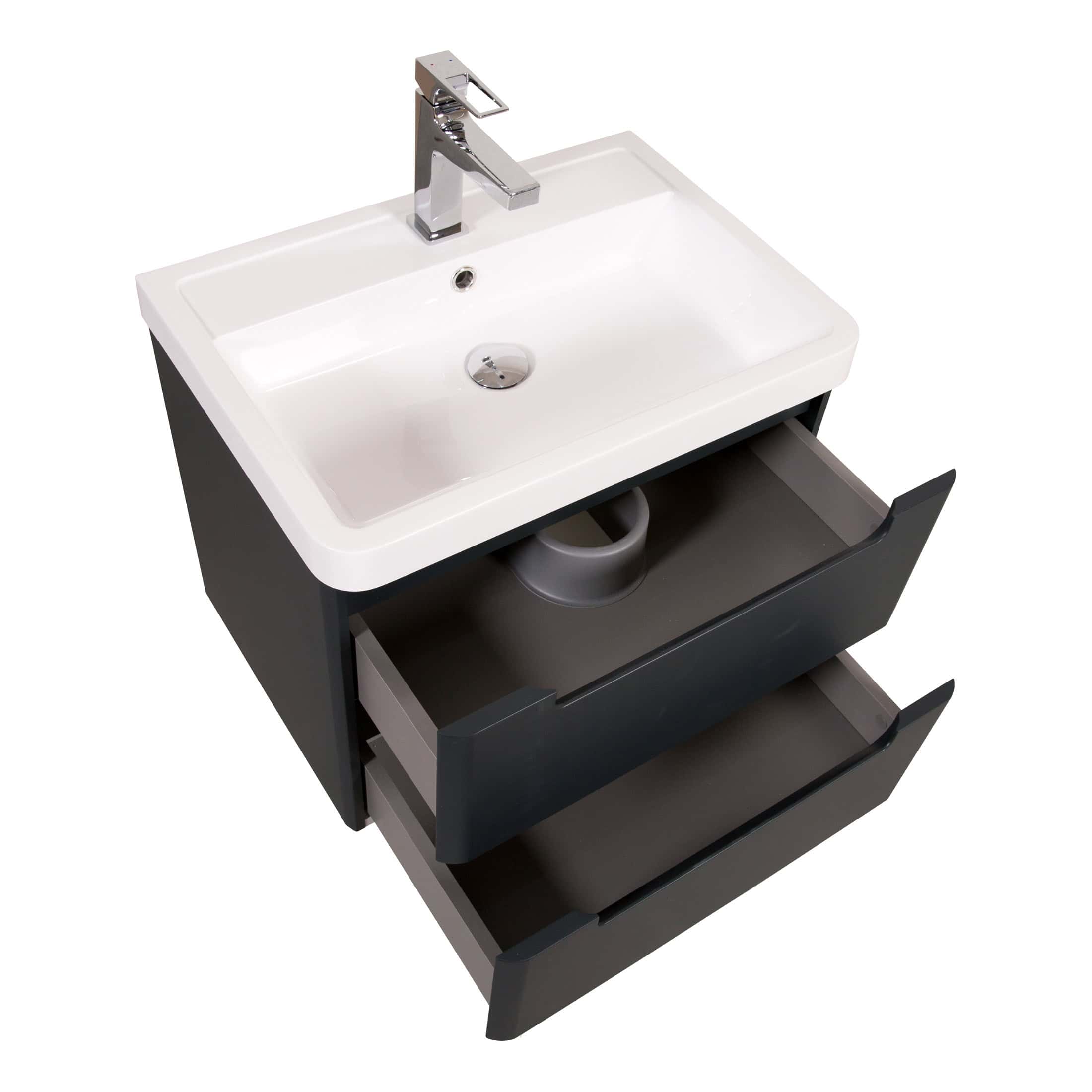 Modern bathroom vanity unit with integrated white ceramic sink and sleek black drawers, ideal for stylish and functional bathroom storage and decor.