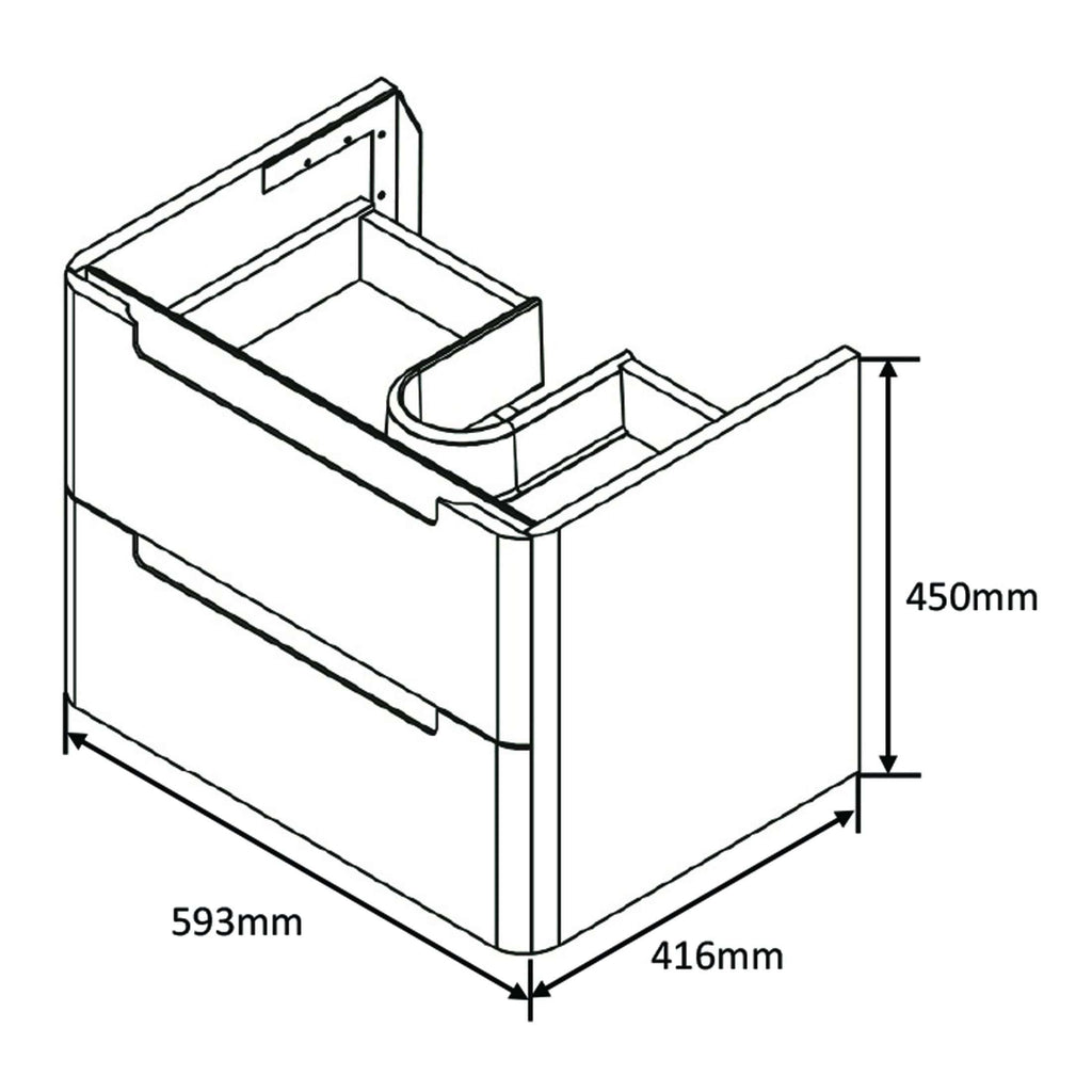 Precise bathroom vanity cabinet with dimensions 593mm x 416mm x 450mm, ideal for modern bathroom storage solutions, featuring drawers and space for sinks or countertops.