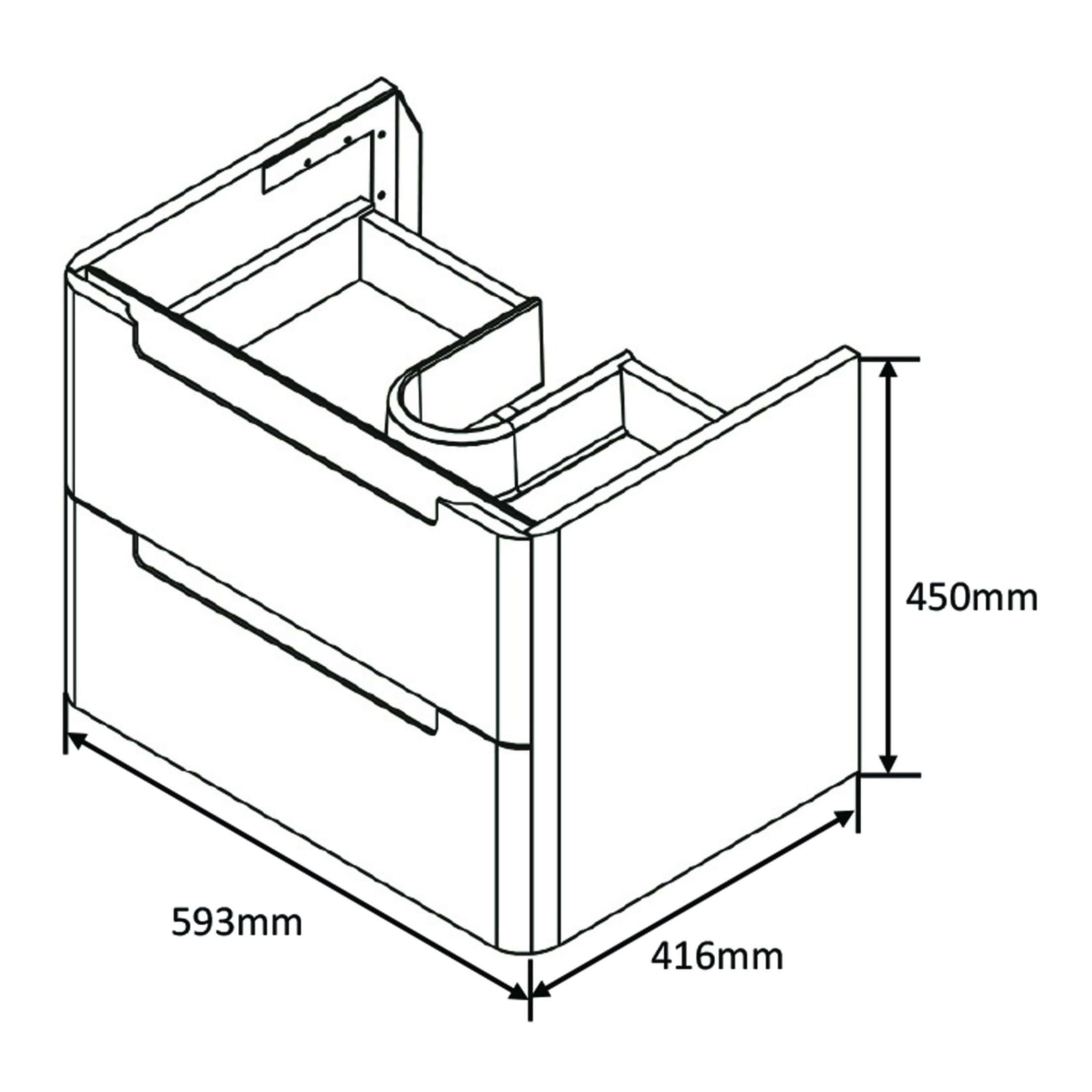 Precise bathroom vanity cabinet with dimensions 593mm x 416mm x 450mm, ideal for modern bathroom storage solutions, featuring drawers and space for sinks or countertops.