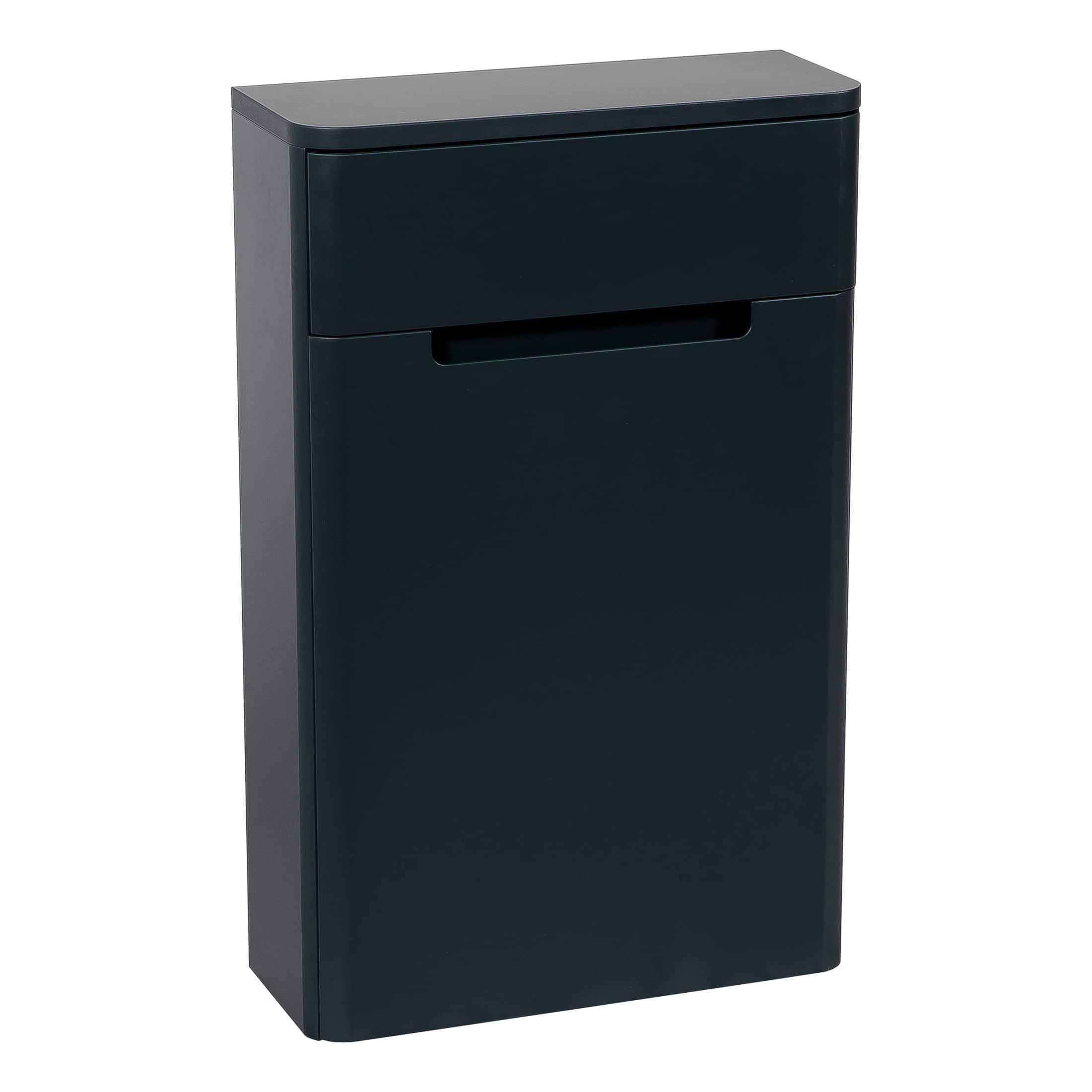 Slim black bathroom rubbish bin with lid, ideal for modern bathroom storage solutions.