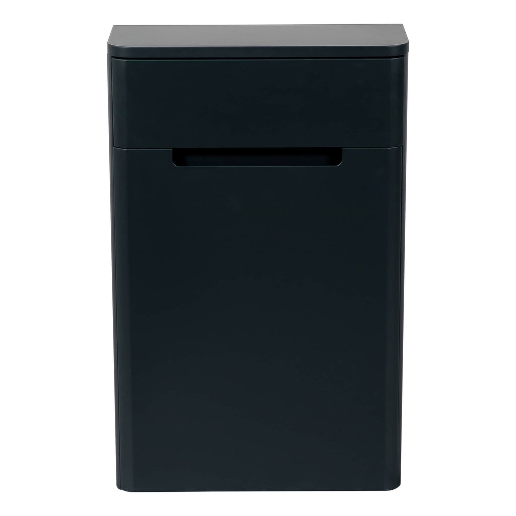 Black waste bin with a sleek, modern design for bathroom or office use.