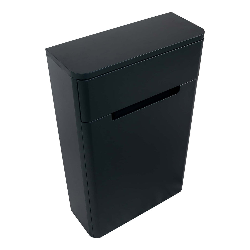 Sleek black modern slimline trash bin for stylish bathroom and kitchen waste disposal. Perfect for contemporary homes, with a quiet close lid and space-efficient design.